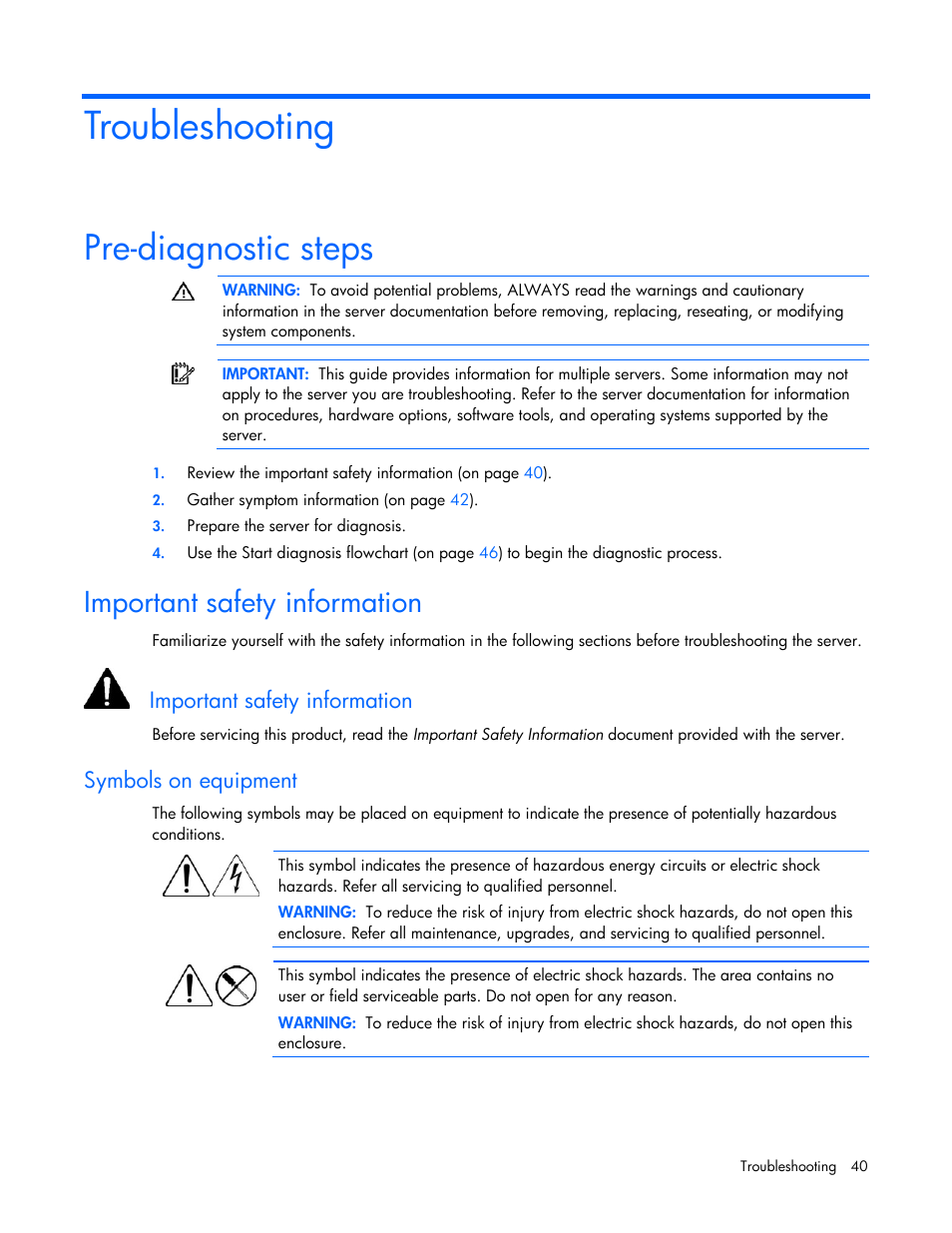 Troubleshooting, Pre-diagnostic steps, Important safety information | Symbols on equipment, Important s, Afety information, Im ta, Symbols on eq, Por nt safety information, Uipment | HP ProLiant Series ML100 User Manual | Page 40 / 103