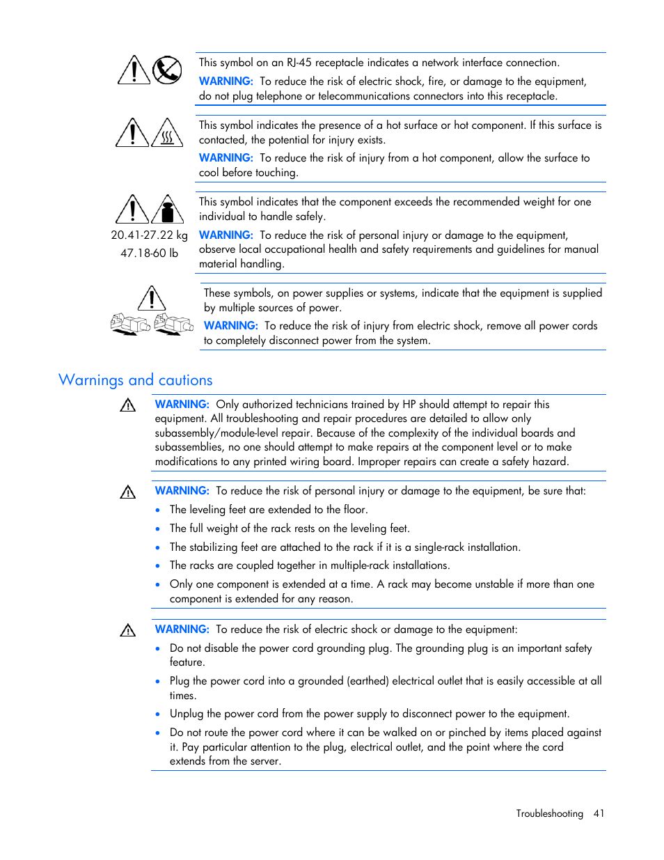 Warnings and cautions, Symptom information, Preparing the server for diagnosis | HP ProLiant Series ML100 User Manual | Page 41 / 103