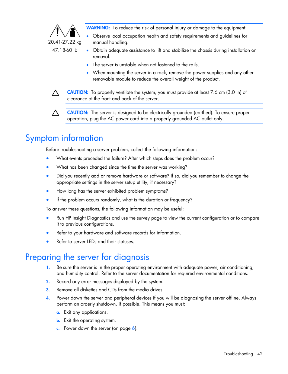 Symptom information, Preparing the server for diagnosis, Common problem resolution | Prepa, Ring the server for diagnosis | HP ProLiant Series ML100 User Manual | Page 42 / 103