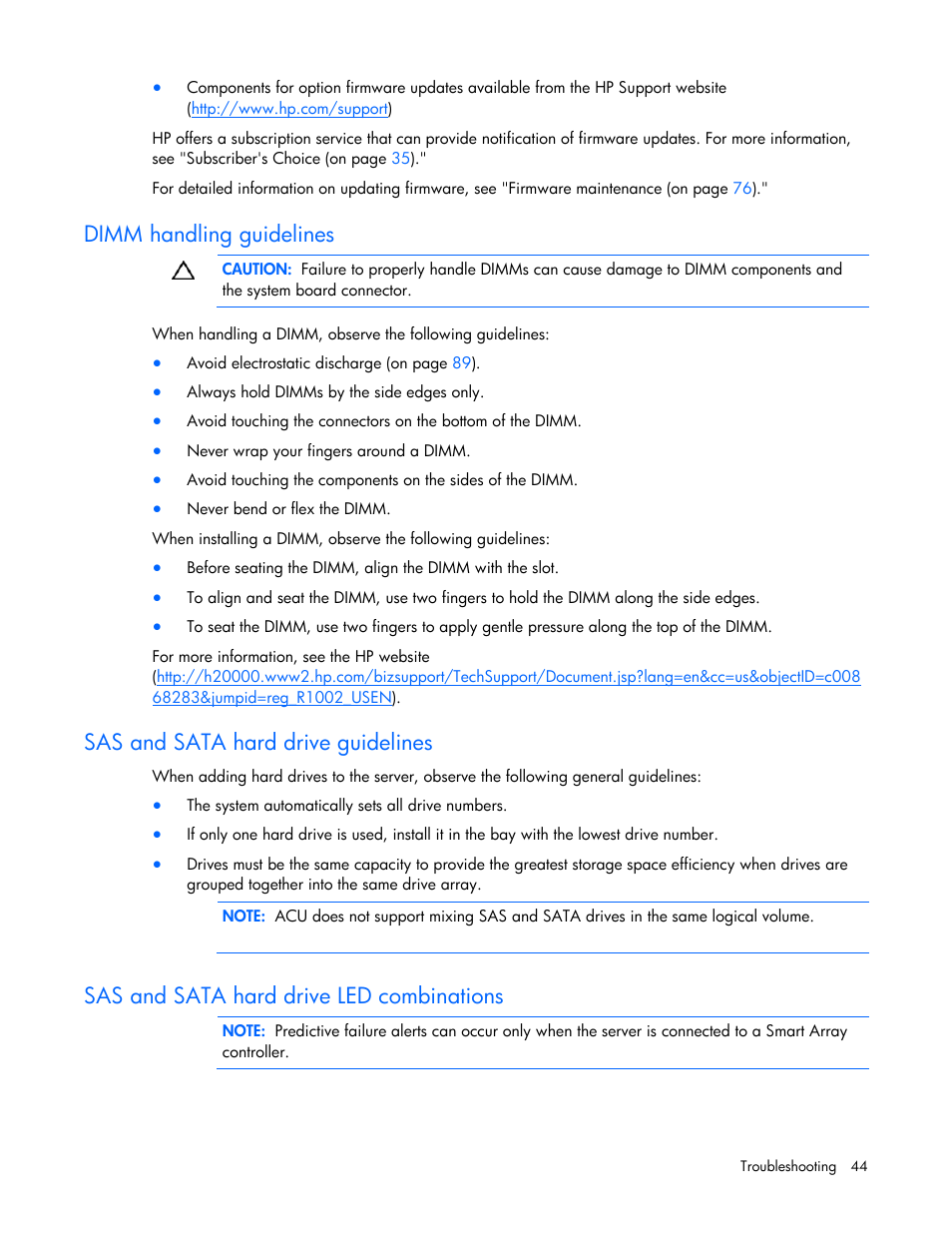 Dimm handling guidelines, Sas and sata hard drive guidelines, Sas and sata hard drive led combinations | Troubleshooting flowcharts, Sas an s, D ata hard drive led combinations | HP ProLiant Series ML100 User Manual | Page 44 / 103