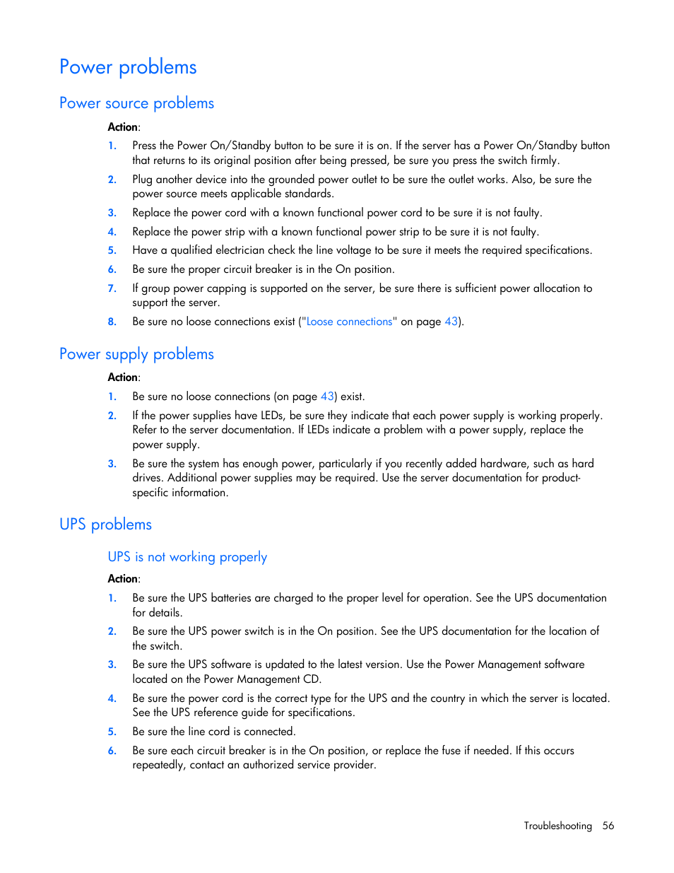 Power problems, Power source problems, Power supply problems | Ups problems, General hardware problems, Powe, R problems, Power s ur, Power, Ups proble | HP ProLiant Series ML100 User Manual | Page 56 / 103