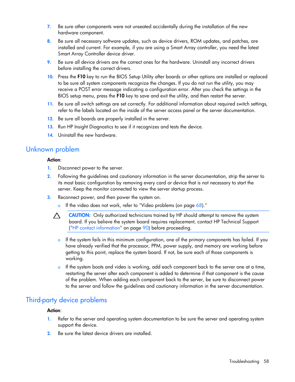 Unknown problem, Third-party device problems, Internal system problems | Unknown p, Roblem, Third-p y, Art device problems | HP ProLiant Series ML100 User Manual | Page 58 / 103