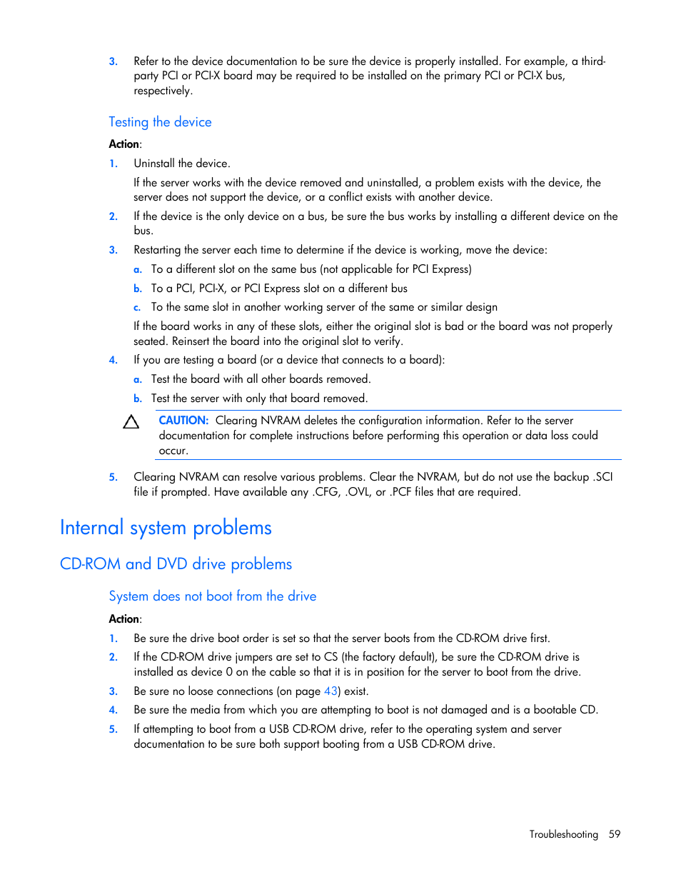 Internal system problems, Cd-rom and dvd drive problems, Internal s | Ystem problems, Cd-rom a, Nd dvd drive problems | HP ProLiant Series ML100 User Manual | Page 59 / 103