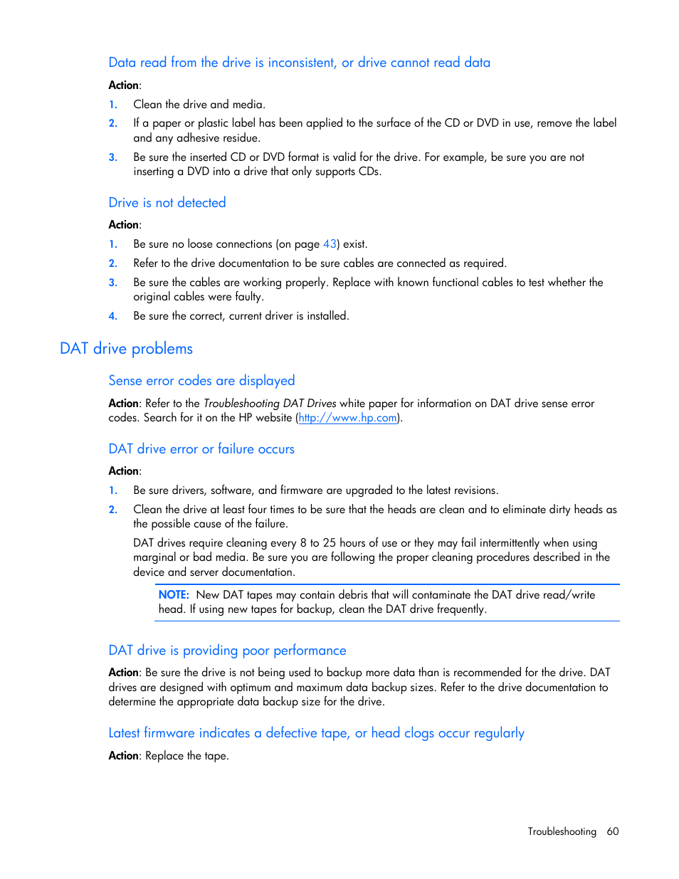 Dat drive problems | HP ProLiant Series ML100 User Manual | Page 60 / 103