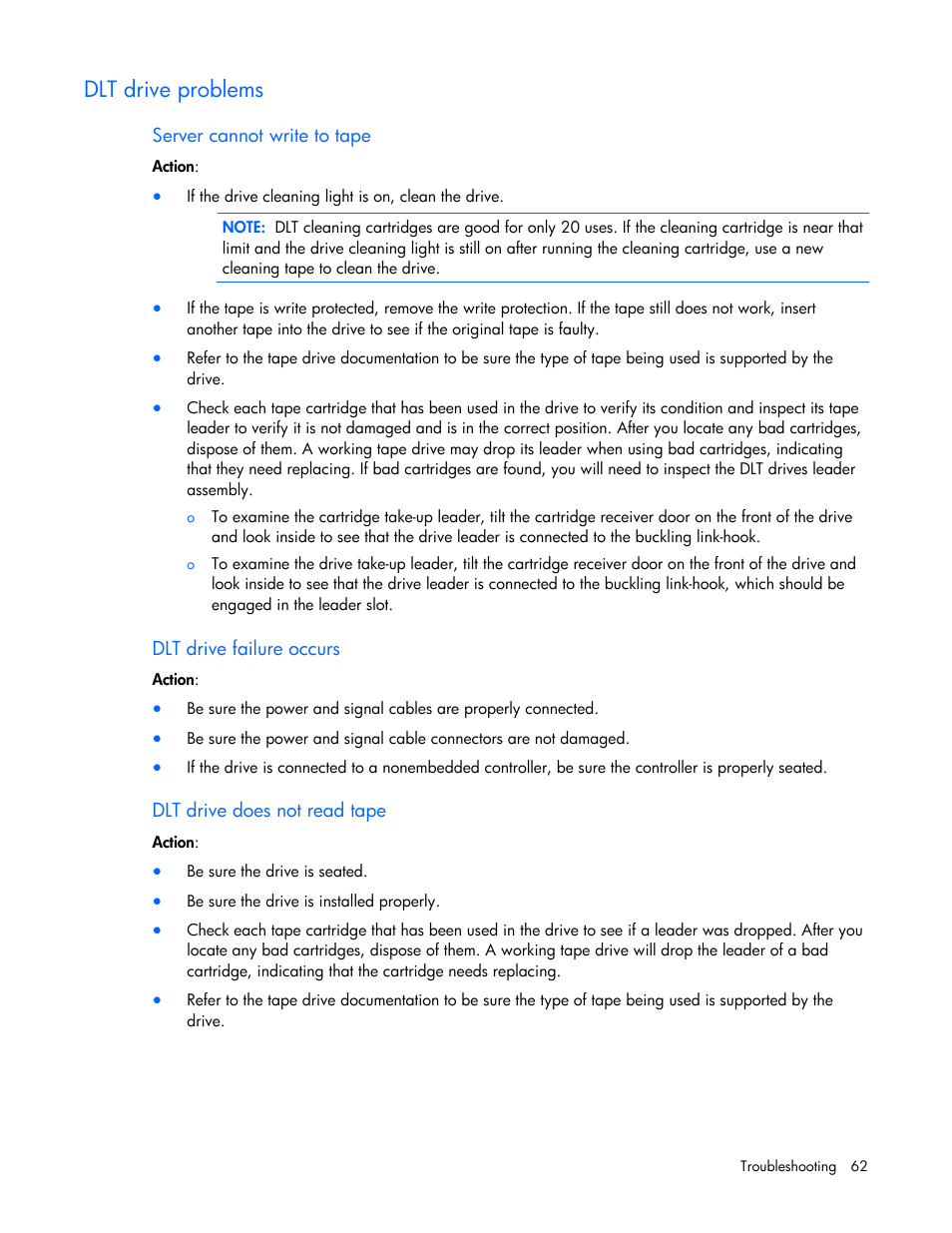 Dlt drive problems, Dlt dri, Ve problems | HP ProLiant Series ML100 User Manual | Page 62 / 103