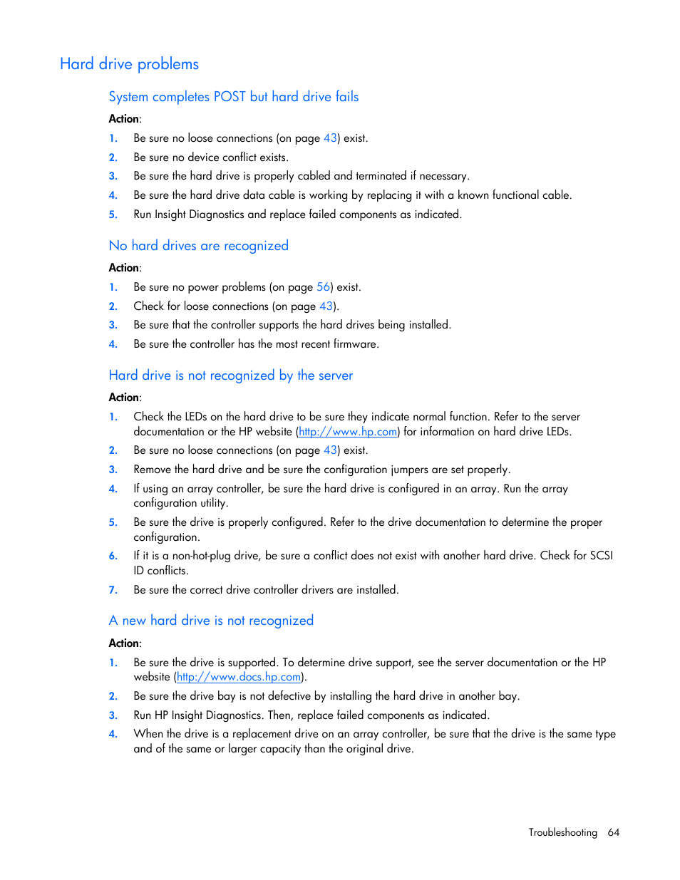 Hard drive problems, Hard d, Rive problems | HP ProLiant Series ML100 User Manual | Page 64 / 103