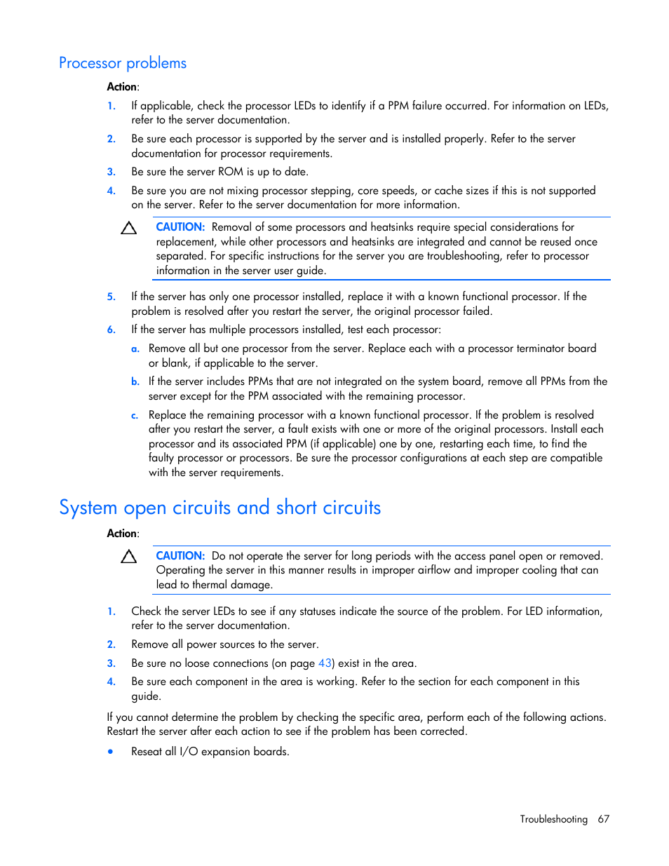 Processor problems, System open circuits and short circuits, External device problems | System o, Pen circuits and short circuits, Process p, Or roblems | HP ProLiant Series ML100 User Manual | Page 67 / 103