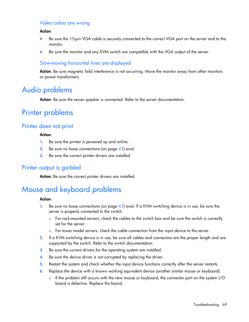 Audio problems, Printer problems, Printer does not print | Printer output is garbled, Mouse and keyboard problems, Modem problems, Audio r, P oblems, Printer e, Do s not print | HP ProLiant Series ML100 User Manual | Page 69 / 103