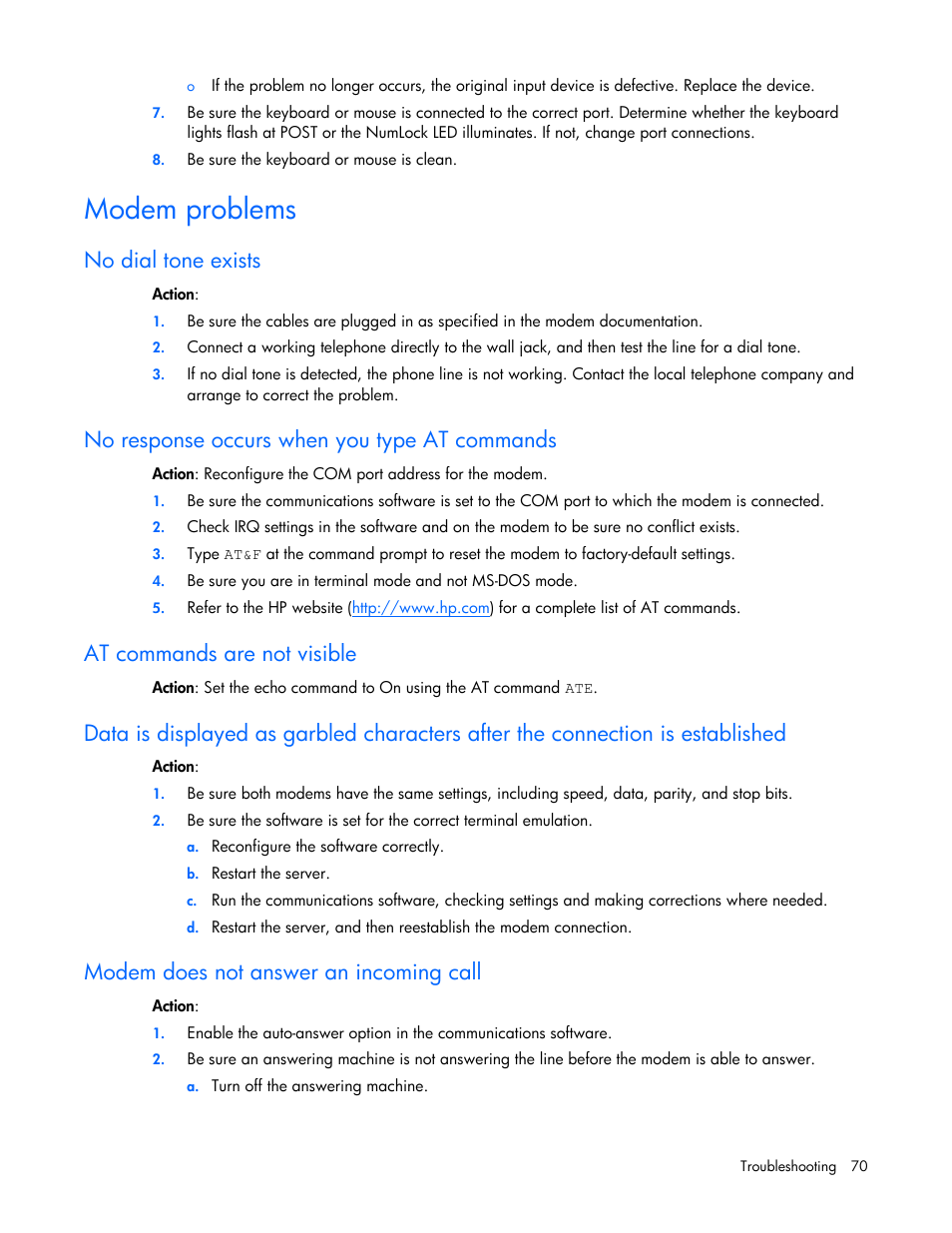 Modem problems, No dial tone exists, No response occurs when you type at commands | At commands are not visible, Modem does not answer an incoming call, Mode, M problems, No dia n, No res n, L to e exists | HP ProLiant Series ML100 User Manual | Page 70 / 103