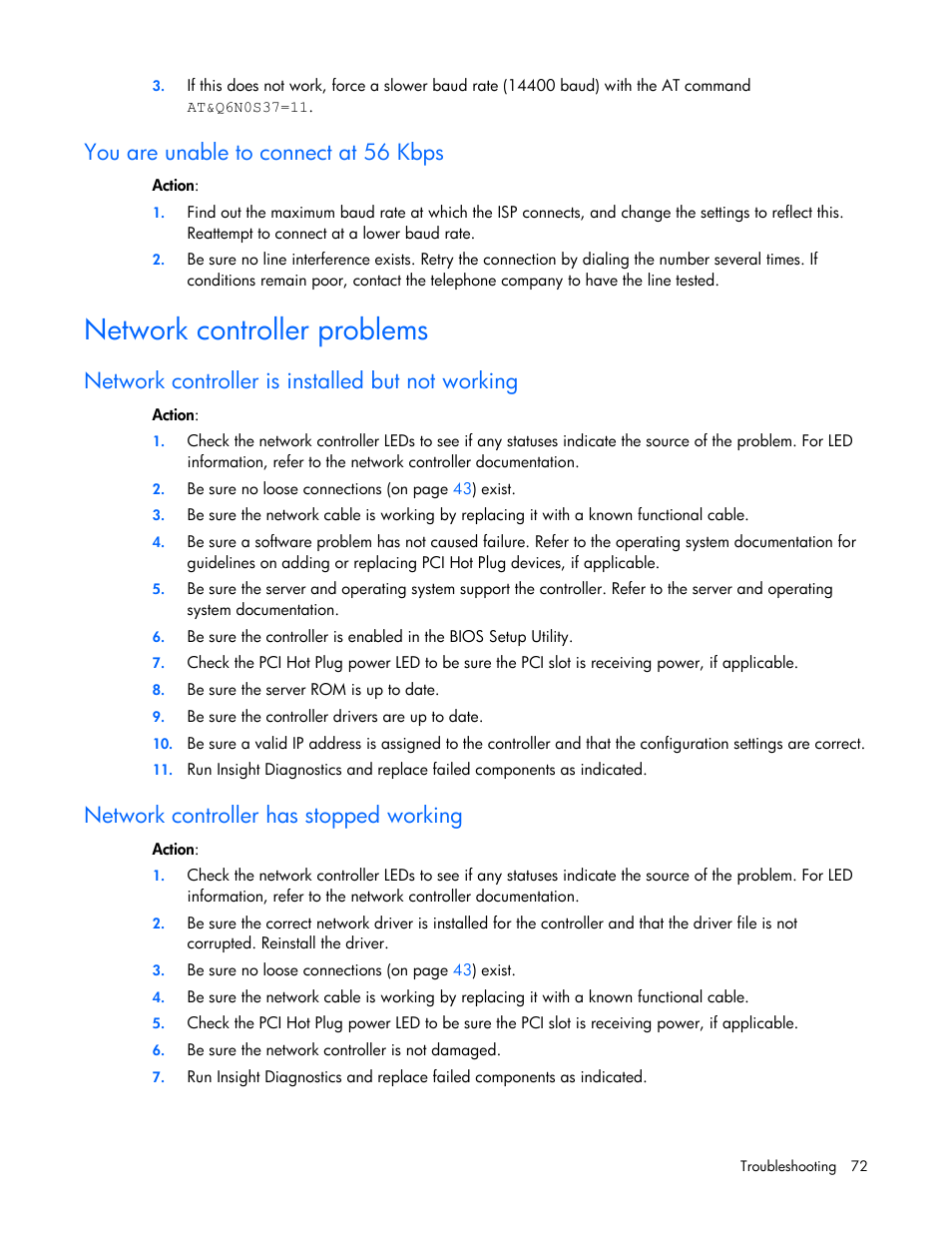 You are unable to connect at 56 kbps, Network controller problems, Network controller is installed but not working | Network controller has stopped working, Software problems, Operating system problems, Network c, Ontroller problems, You are n, Networ | HP ProLiant Series ML100 User Manual | Page 72 / 103