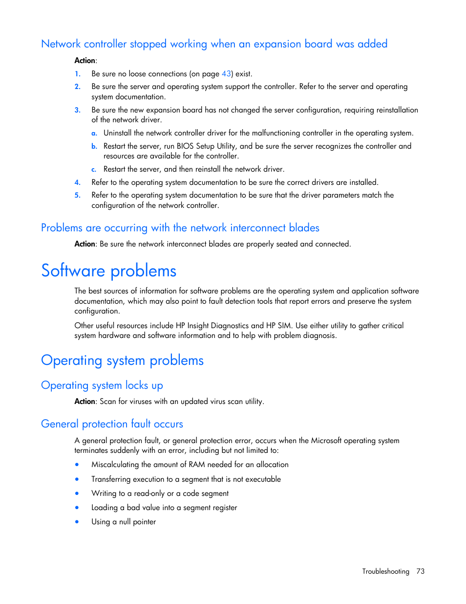 Software problems, Operating system problems, Operating system locks up | General protection fault occurs, Operating system updates, Restoring to a backed-up version, When to reconfigure or reload software, Softw, Are problems, Work interconnect blades | HP ProLiant Series ML100 User Manual | Page 73 / 103