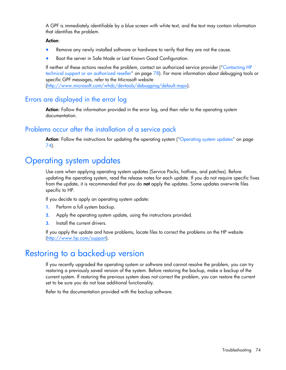 Errors are displayed in the error log, Operating system updates, Restoring to a backed-up version | Linux operating systems, Application software problems, Operating system update, Restoring, Errors are dis, Problems occ, Played in the error log | HP ProLiant Series ML100 User Manual | Page 74 / 103