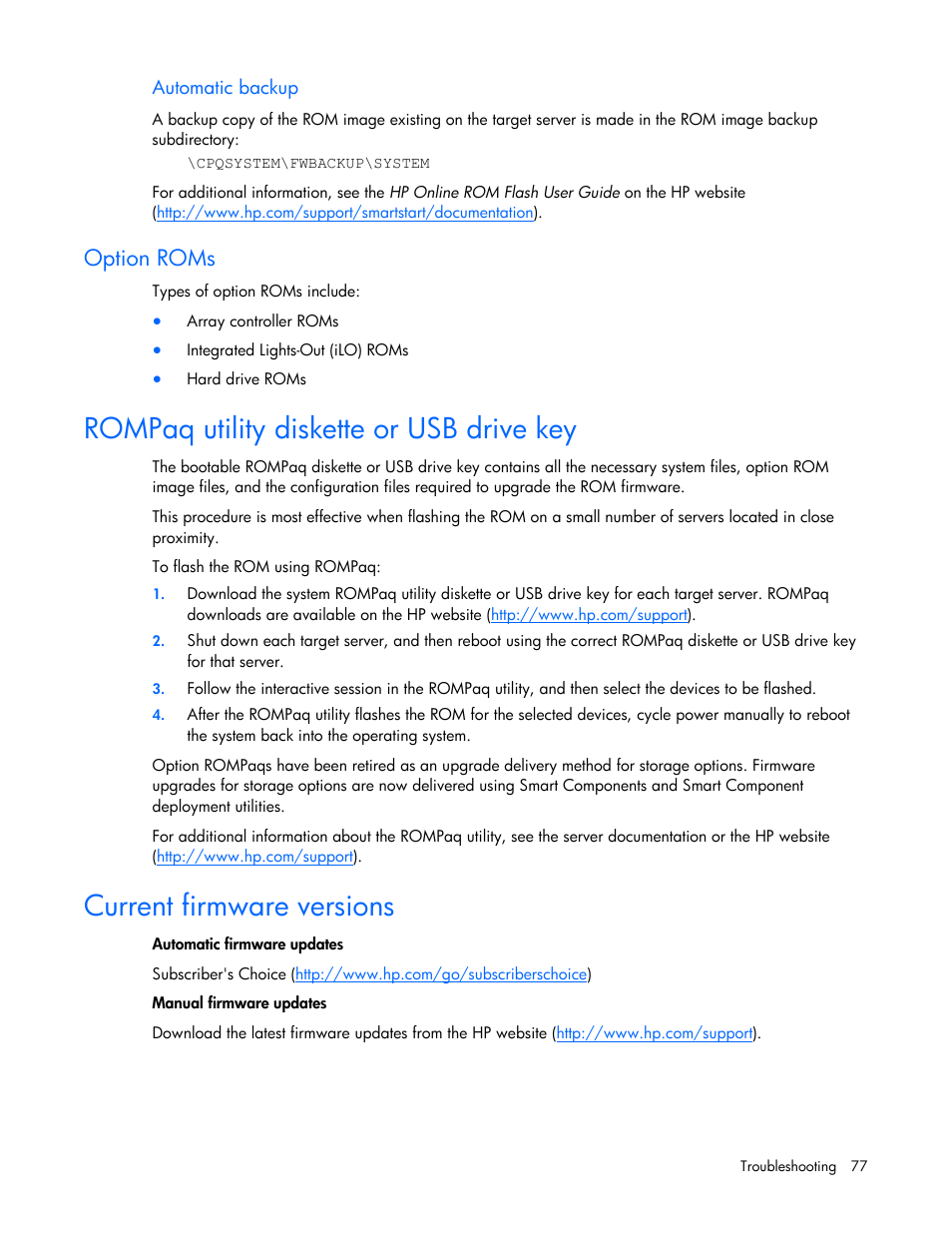 Option roms, Rompaq utility diskette or usb drive key, Current firmware versions | Drivers, Contacting hp, Server information you need, Ette or usb drive key, Rompaq utility disk, Current firm, Ware versions | HP ProLiant Series ML100 User Manual | Page 77 / 103