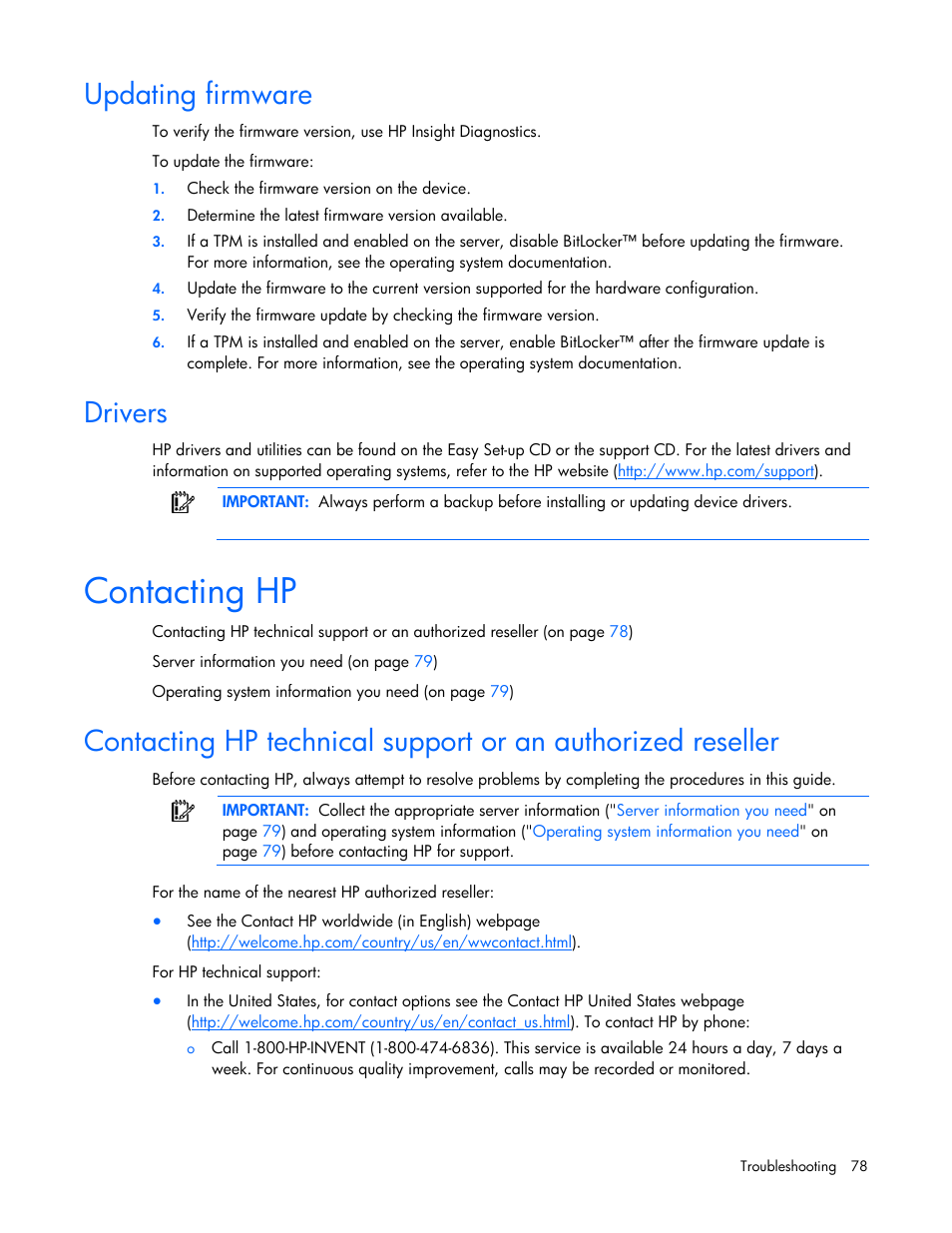 Updating firmware, Drivers, Contacting hp | Operating system information you need, Contac, Ting hp, Upda g, Tin firmware | HP ProLiant Series ML100 User Manual | Page 78 / 103