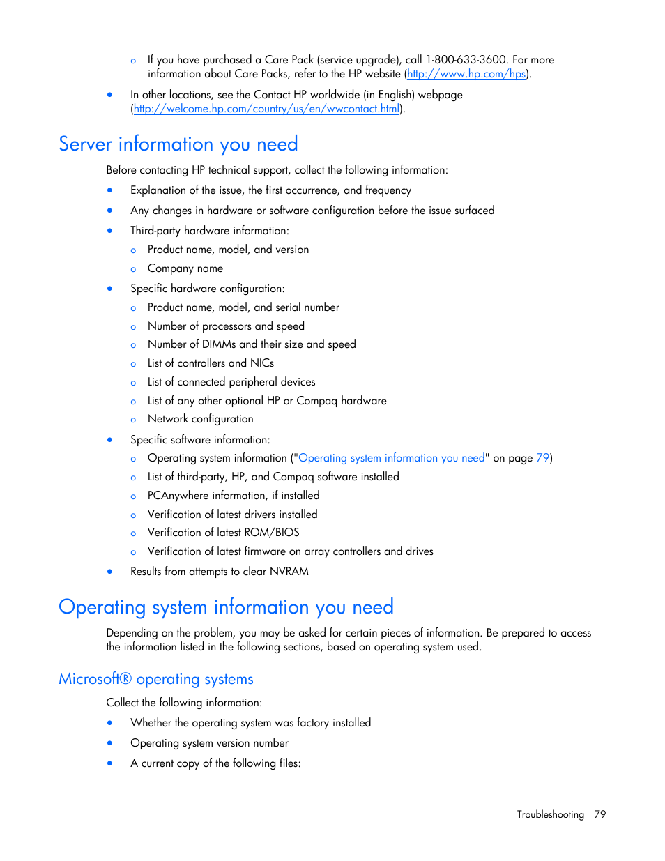 Server information you need, Operating system information you need, Microsoft® operating systems | Before contac | HP ProLiant Series ML100 User Manual | Page 79 / 103