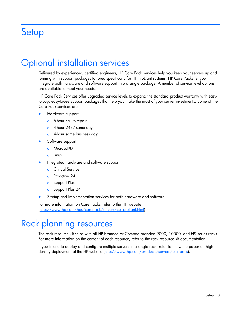 Setup, Optional installation services, Rack planning resources | Optimum environment | HP ProLiant Series ML100 User Manual | Page 8 / 103