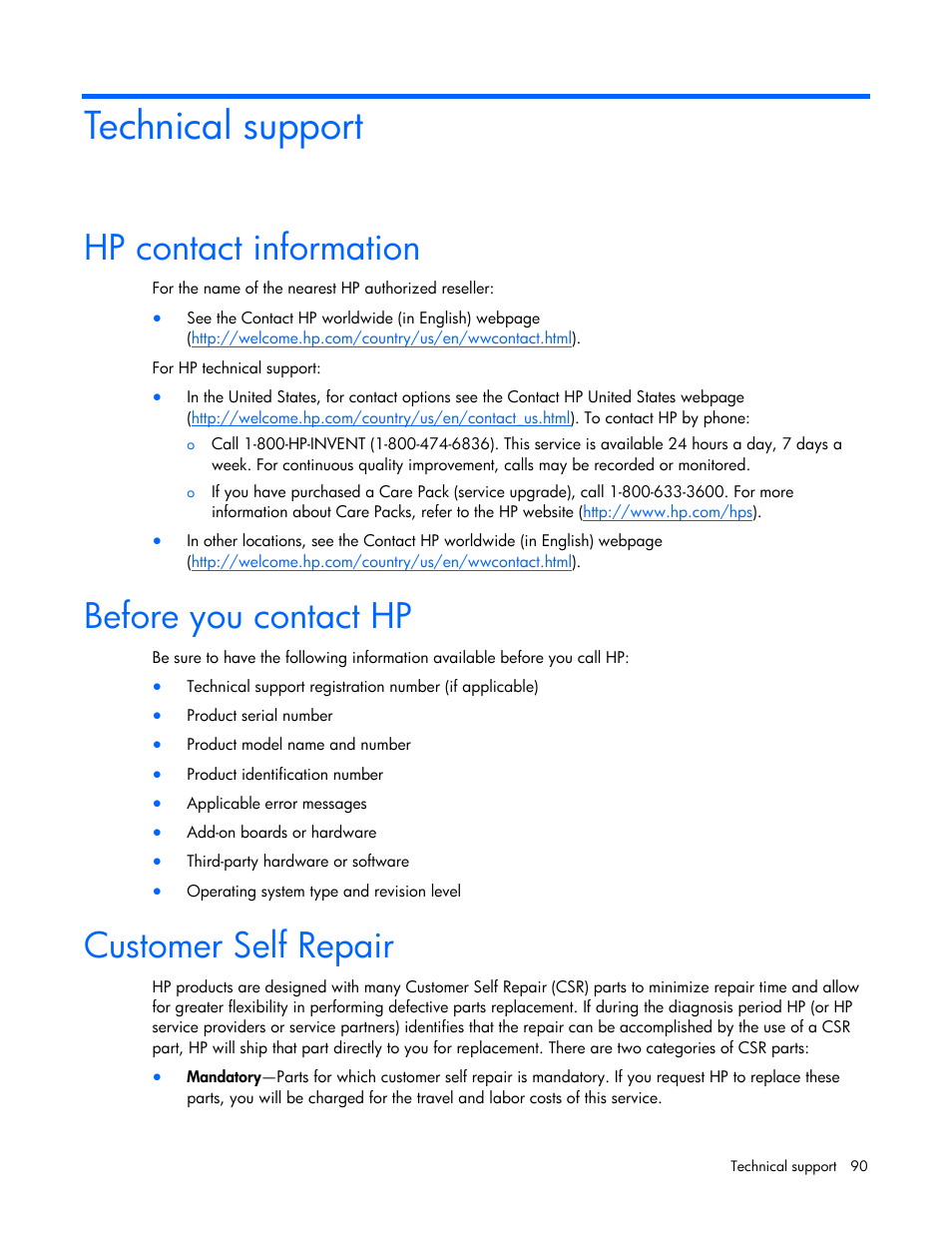 Technical support, Hp contact information, Before you contact hp | Customer self repair, Before proceed, Re you contact hp, Befo, Cust m, O er self repair | HP ProLiant Series ML100 User Manual | Page 90 / 103