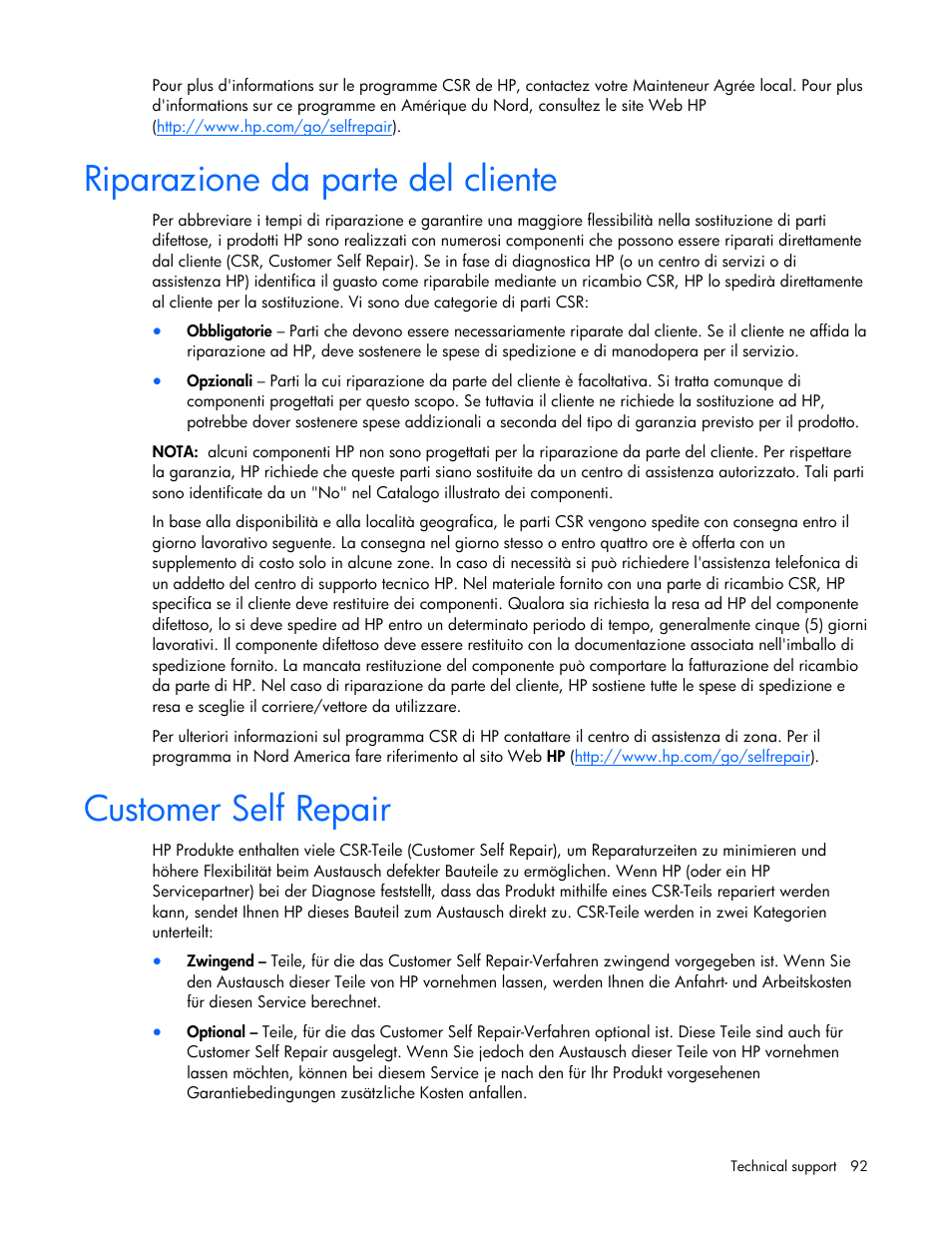 Riparazione da parte del cliente, Cust, Omer self repair | HP ProLiant Series ML100 User Manual | Page 92 / 103