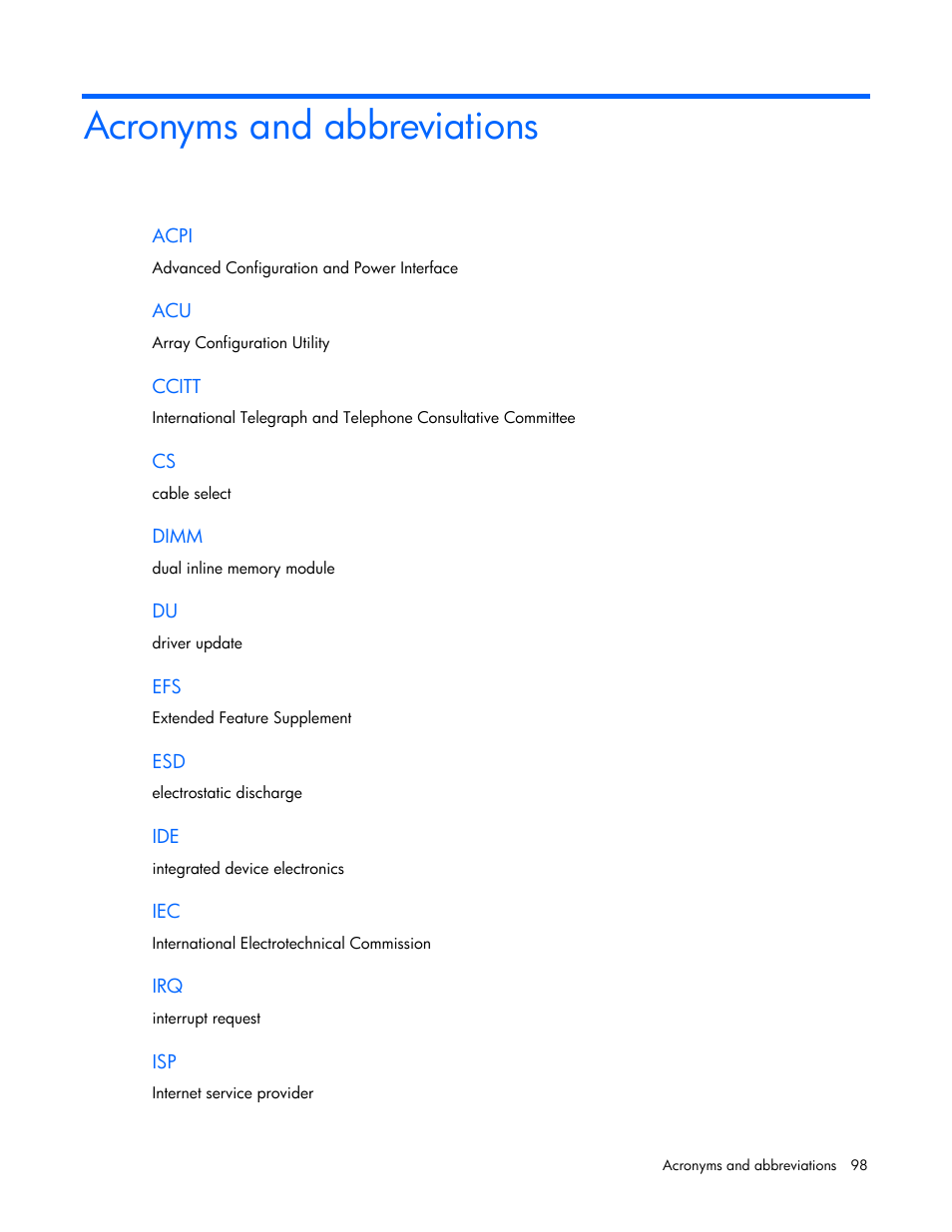 Acronyms and abbreviations, Acro s nyms and abbreviation | HP ProLiant Series ML100 User Manual | Page 98 / 103