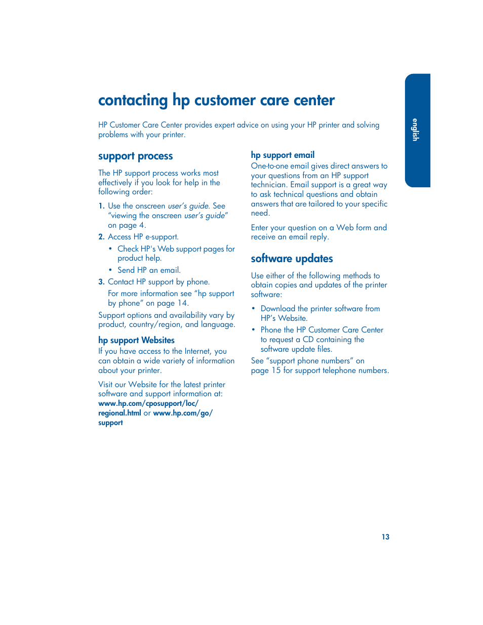 Contacting hp customer care center, Support process, Software updates | HP 3400 User Manual | Page 17 / 23