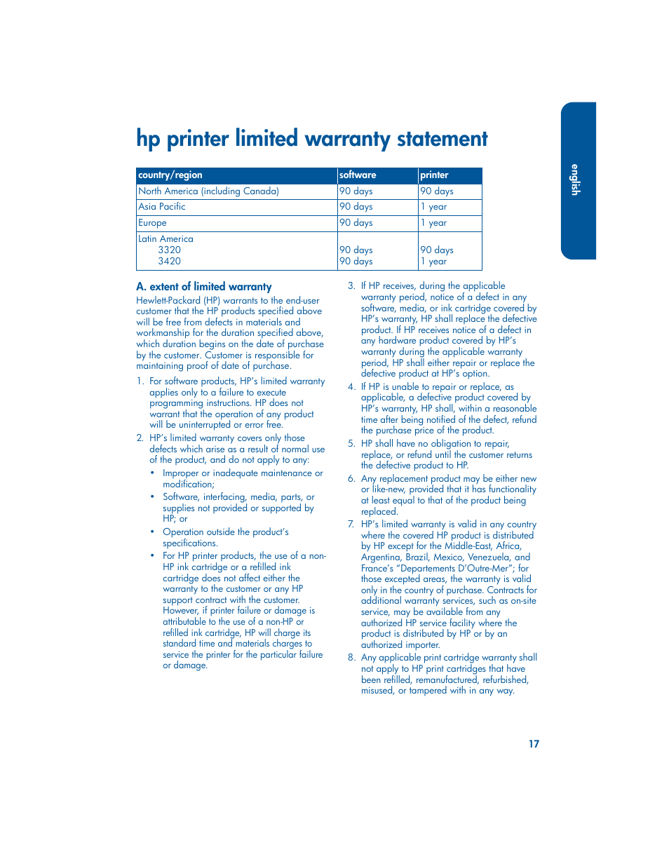 Hp printer limited warranty statement | HP 3400 User Manual | Page 21 / 23