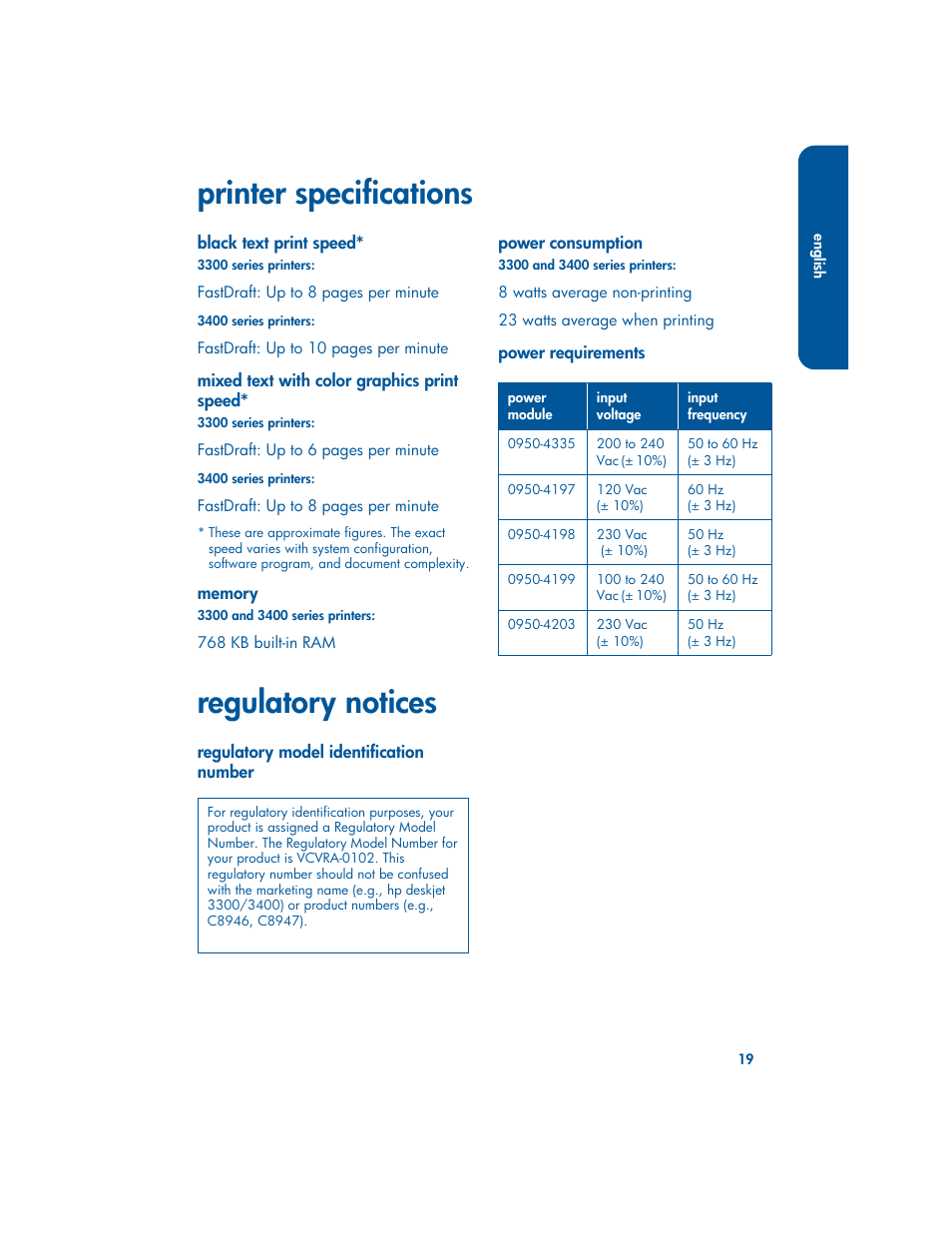 Printer specifications, Regulatory notices | HP 3400 User Manual | Page 23 / 23