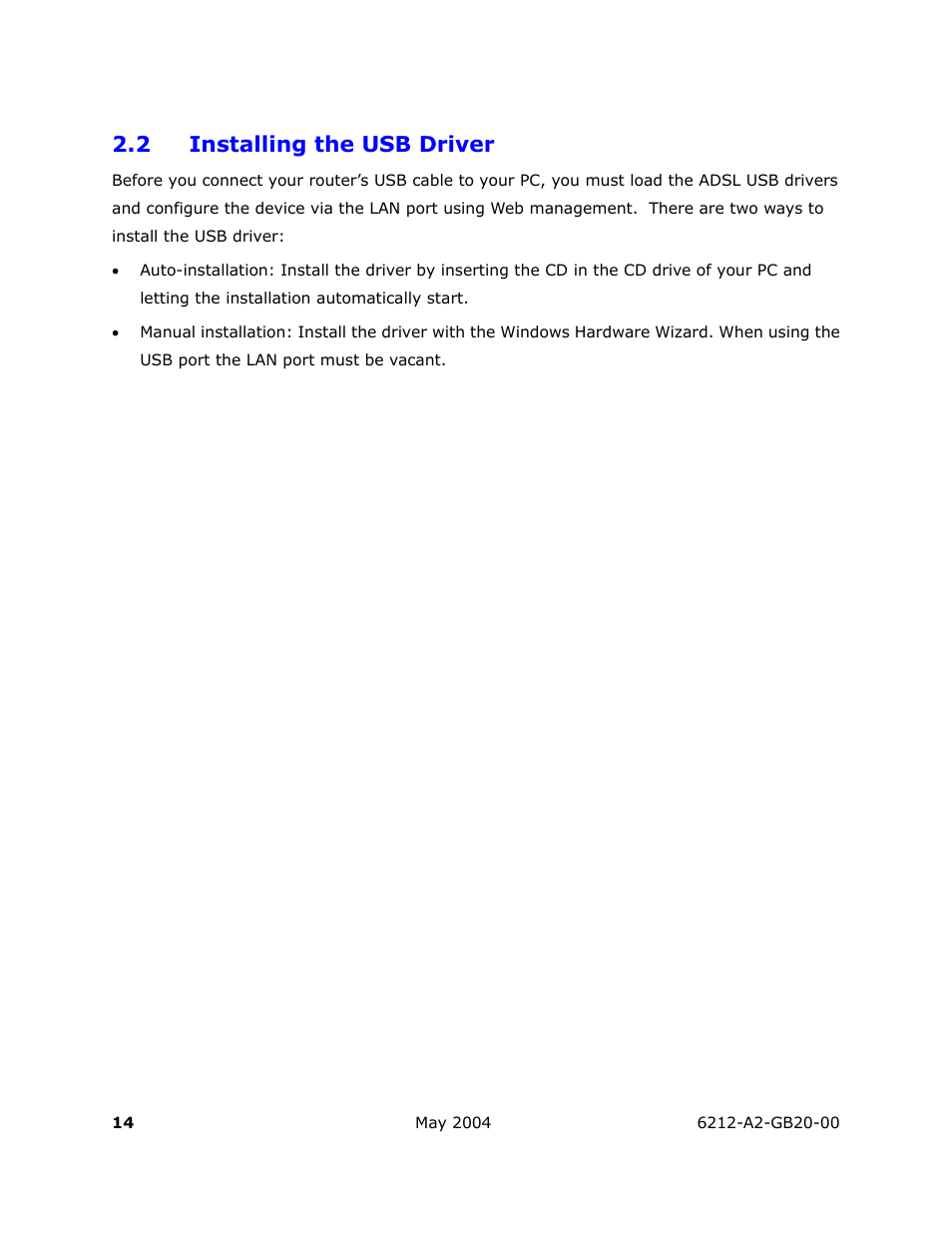 Installing the usb driver, 2 installing the usb driver | HP 6212 User Manual | Page 14 / 101