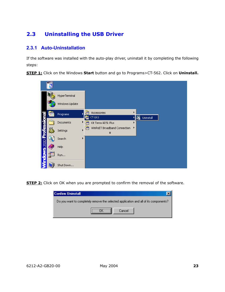 Uninstalling the usb driver, Auto-uninstallation, 3 uninstalling the usb driver | 1 auto-uninstallation | HP 6212 User Manual | Page 23 / 101