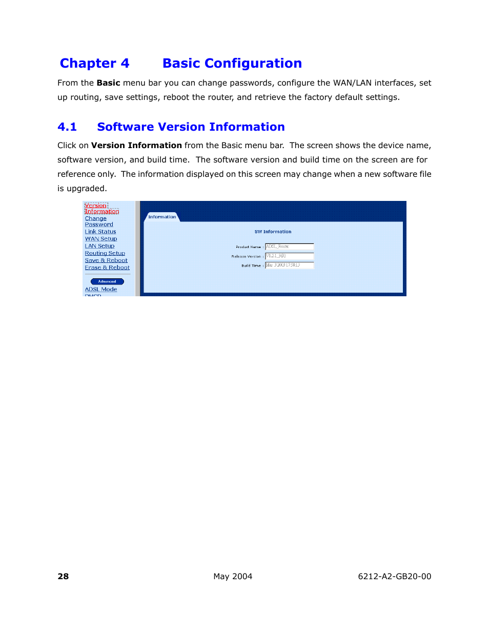 Basic configuration, Software version information, Chapter 4 basic configuration | HP 6212 User Manual | Page 28 / 101