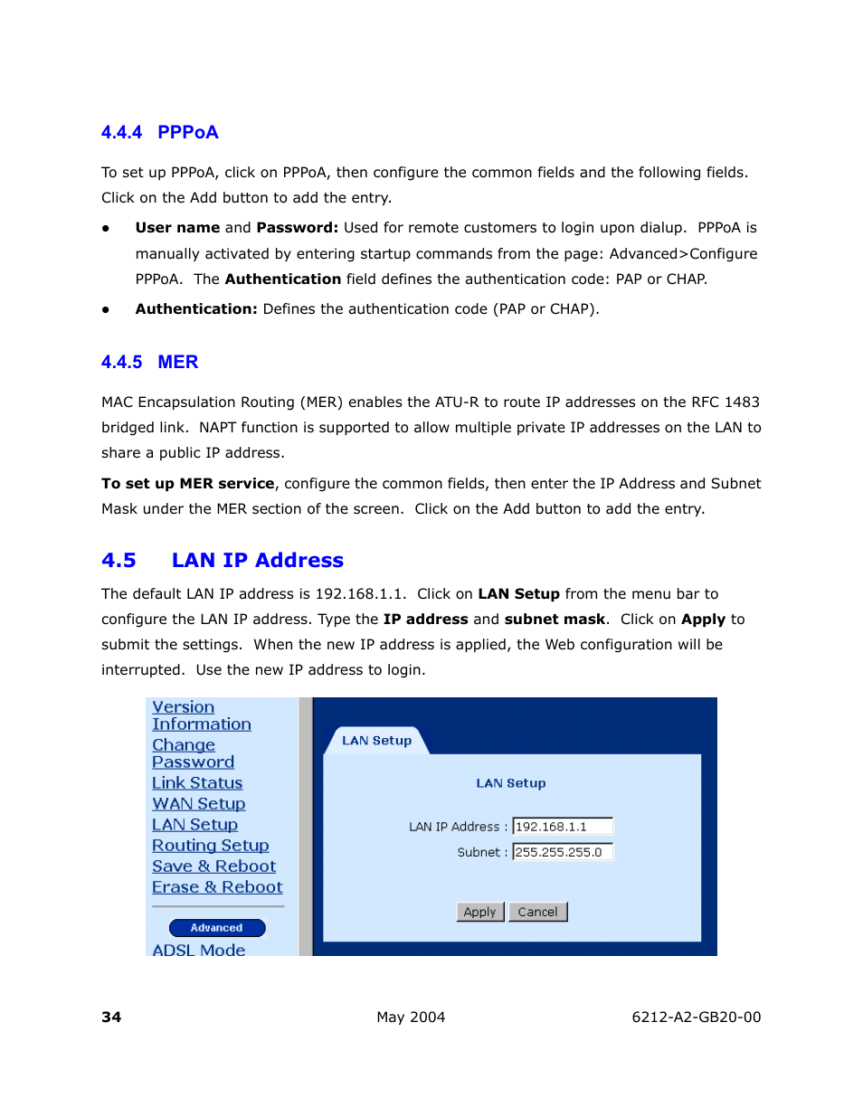 Pppoa, Lan ip address, 5 lan ip address | 4 pppoa, 5 mer | HP 6212 User Manual | Page 34 / 101