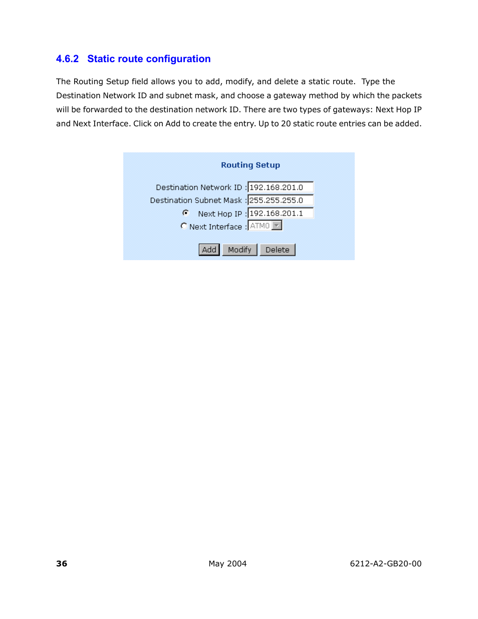 Static route configuration, 2 static route configuration | HP 6212 User Manual | Page 36 / 101