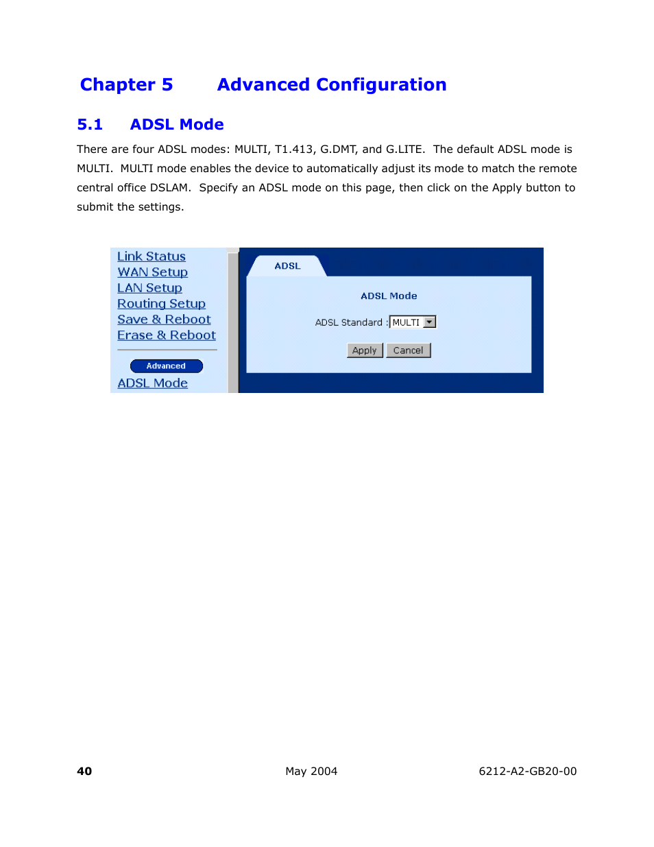 Advanced configuration, Adsl mode, Chapter 5 advanced configuration | HP 6212 User Manual | Page 40 / 101