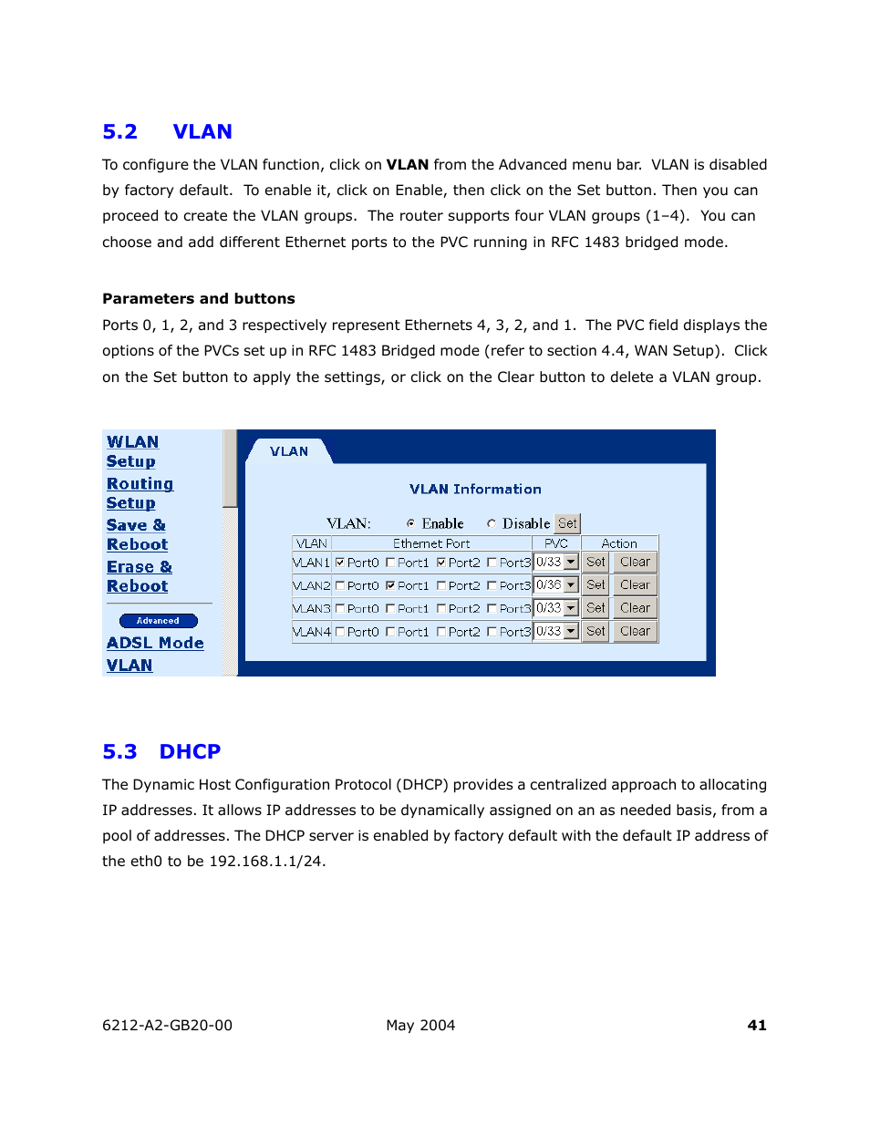 Vlan, Dhcp, 2 vlan | 3 dhcp | HP 6212 User Manual | Page 41 / 101