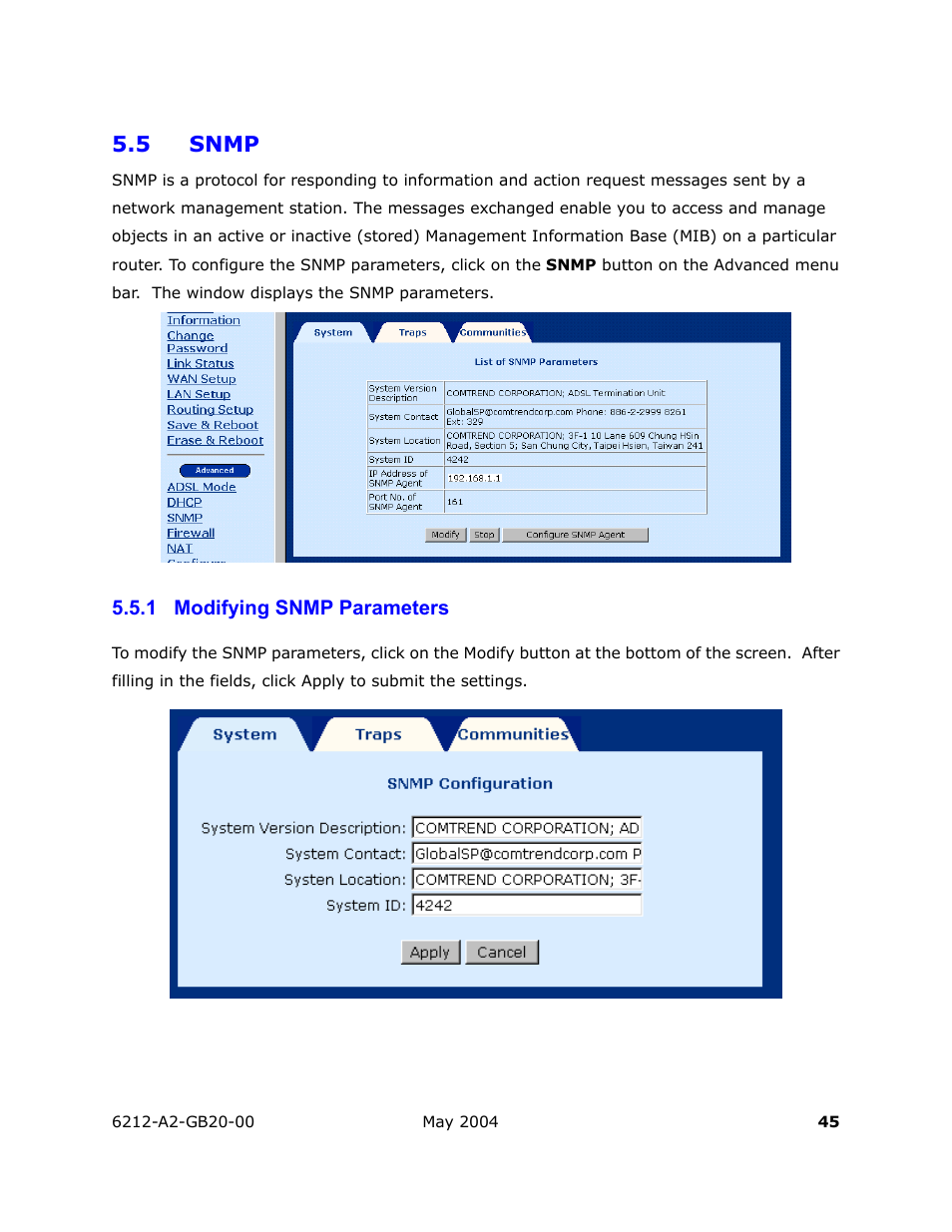 Snmp, Modifying snmp parameters, 5 snmp | 1 modifying snmp parameters | HP 6212 User Manual | Page 45 / 101