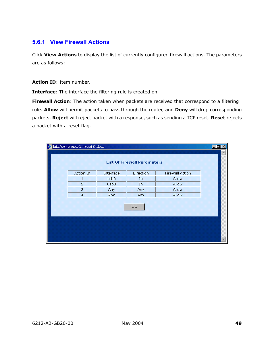 View firewall actions, 1 view firewall actions | HP 6212 User Manual | Page 49 / 101