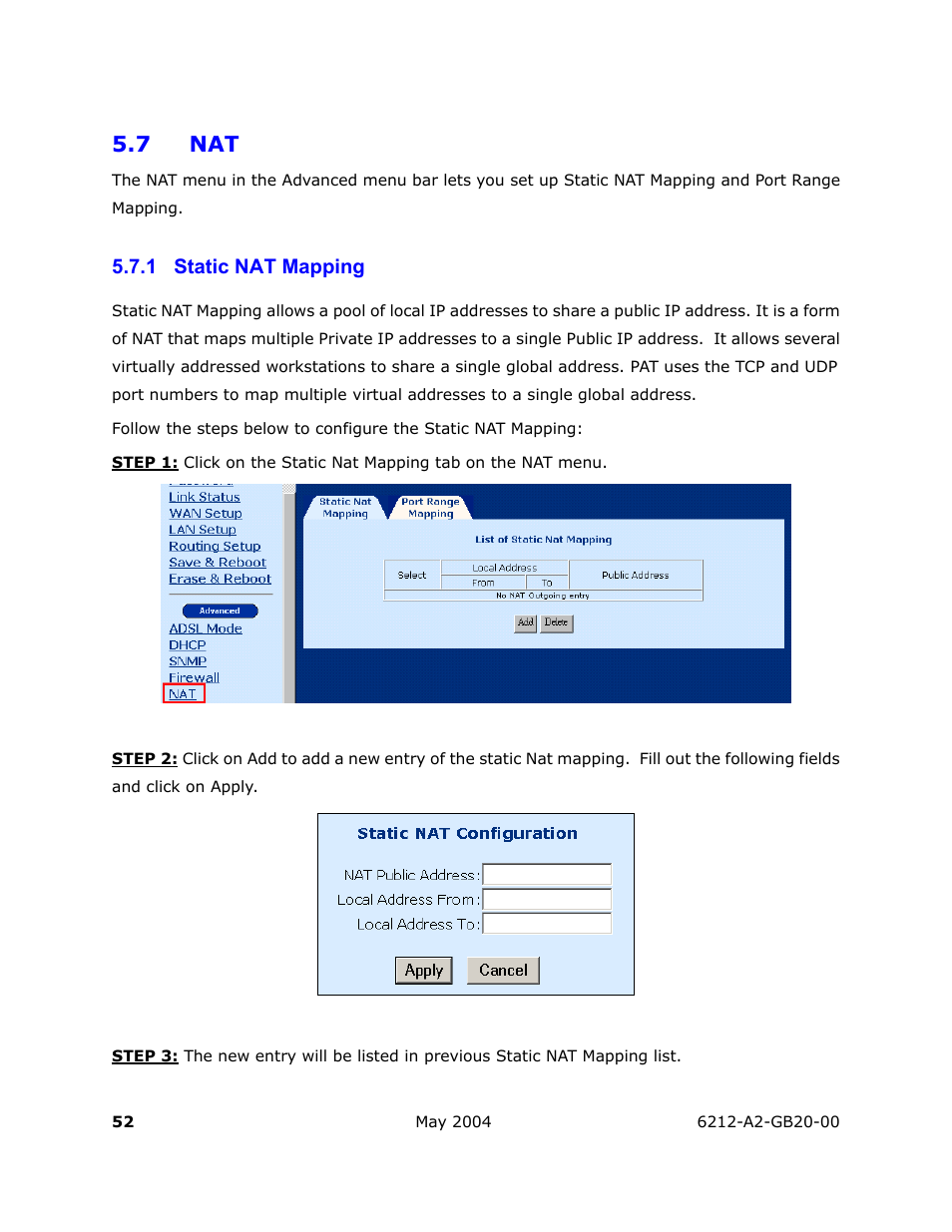 Static nat mapping, 7 nat, 1 static nat mapping | HP 6212 User Manual | Page 52 / 101