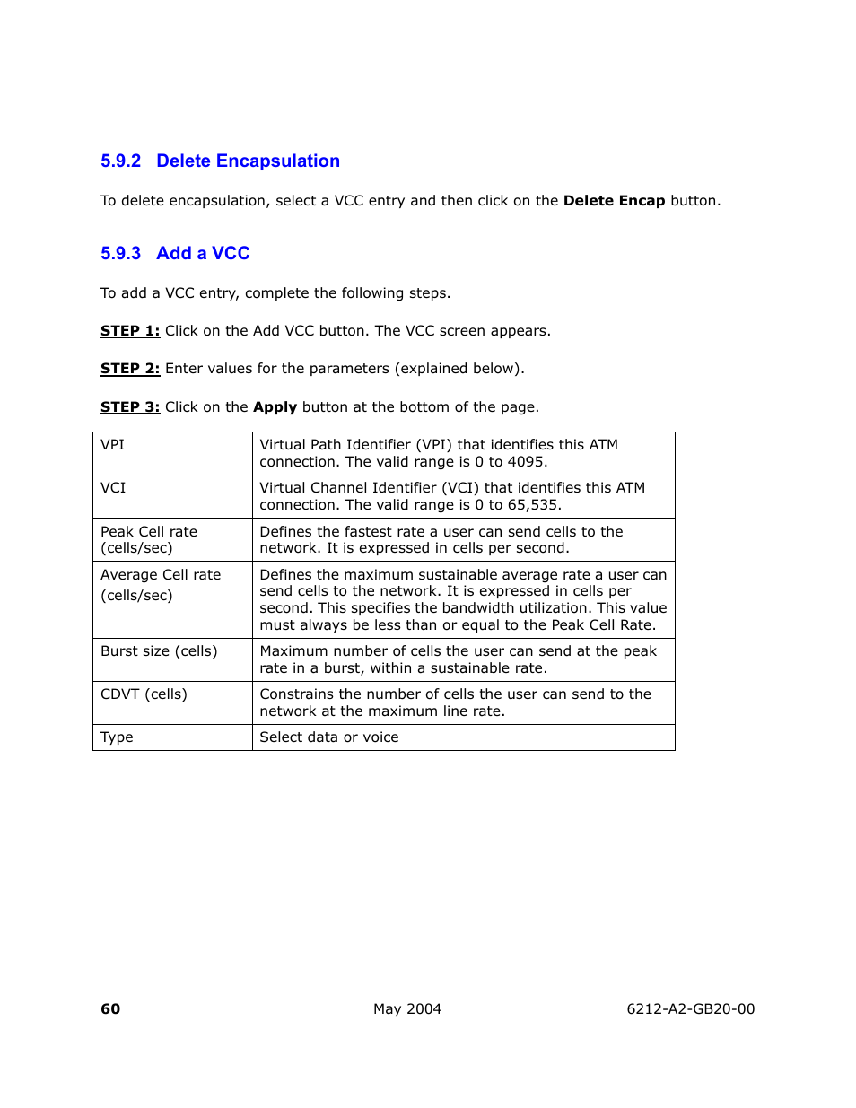 Delete encapsulation, Add a vcc, 2 delete encapsulation | 3 add a vcc | HP 6212 User Manual | Page 60 / 101