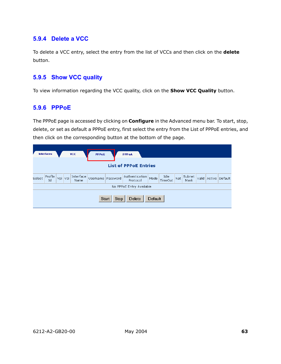 Delete a vcc, Show vcc quality, Pppoe | HP 6212 User Manual | Page 63 / 101