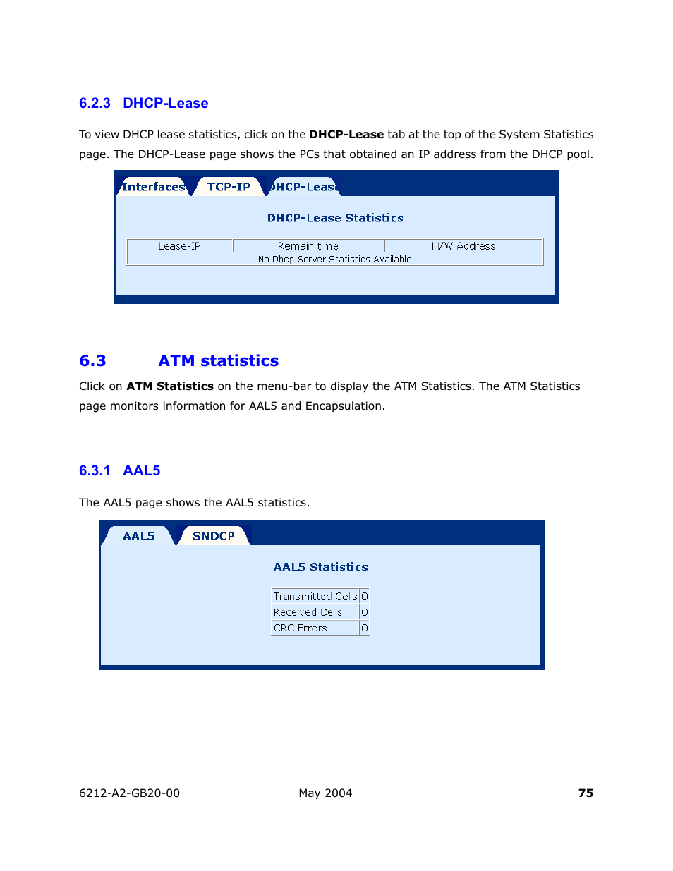 Dhcp-lease, Atm statistics, Aal5 | 3 atm statistics, 3 dhcp-lease, 1 aal5 | HP 6212 User Manual | Page 75 / 101