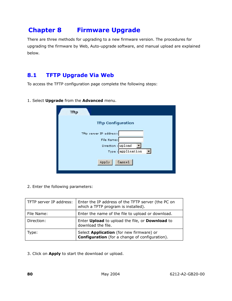 Firmware upgrade, Tftp upgrade via web, Chapter 8 firmware upgrade | 1 tftp upgrade via web | HP 6212 User Manual | Page 80 / 101