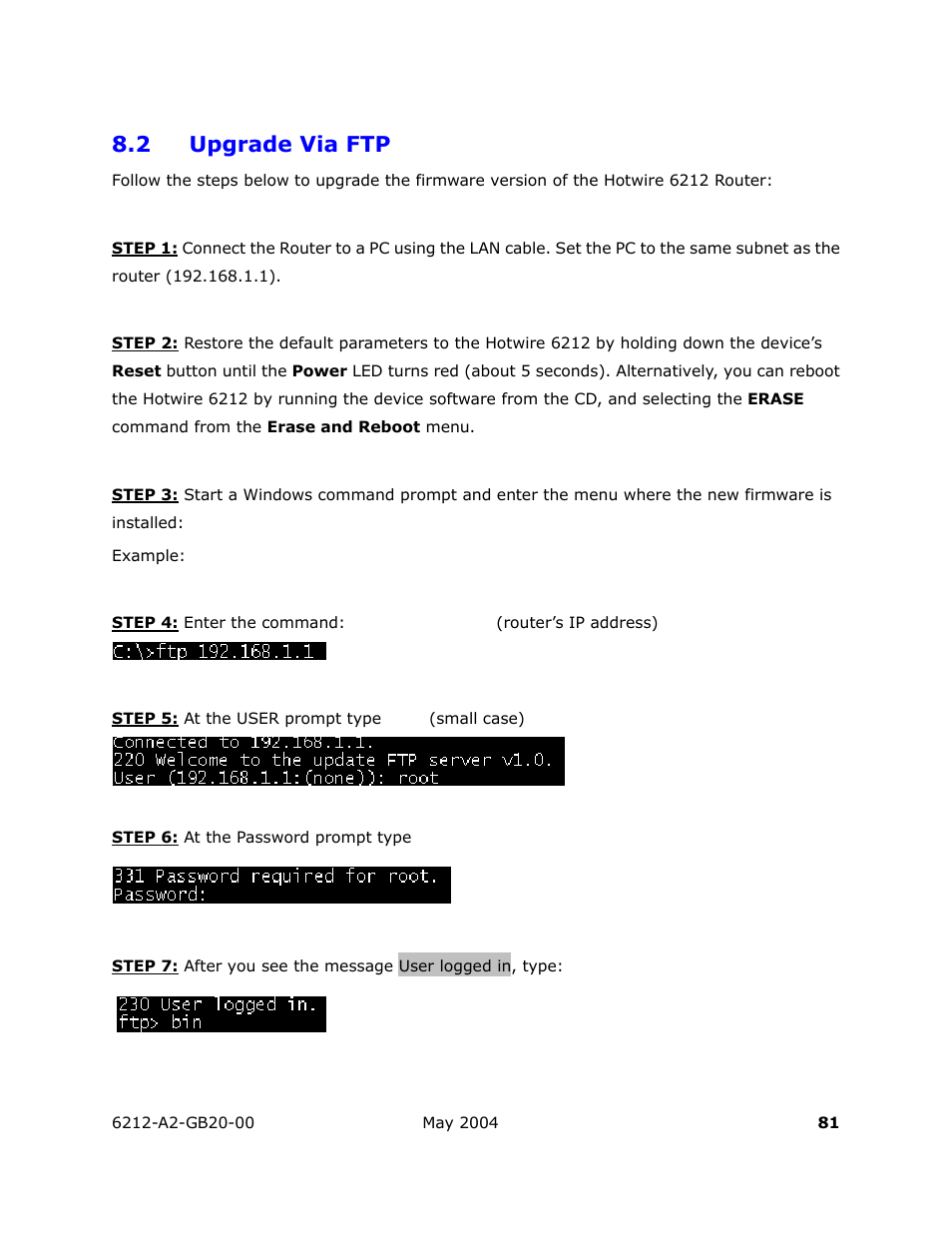 Upgrade via ftp, 2 upgrade via ftp | HP 6212 User Manual | Page 81 / 101