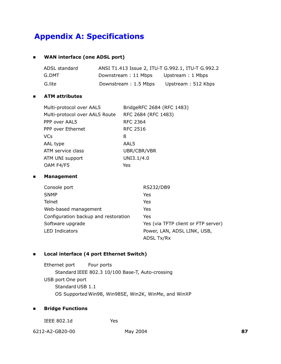 Appendix a: specifications | HP 6212 User Manual | Page 87 / 101