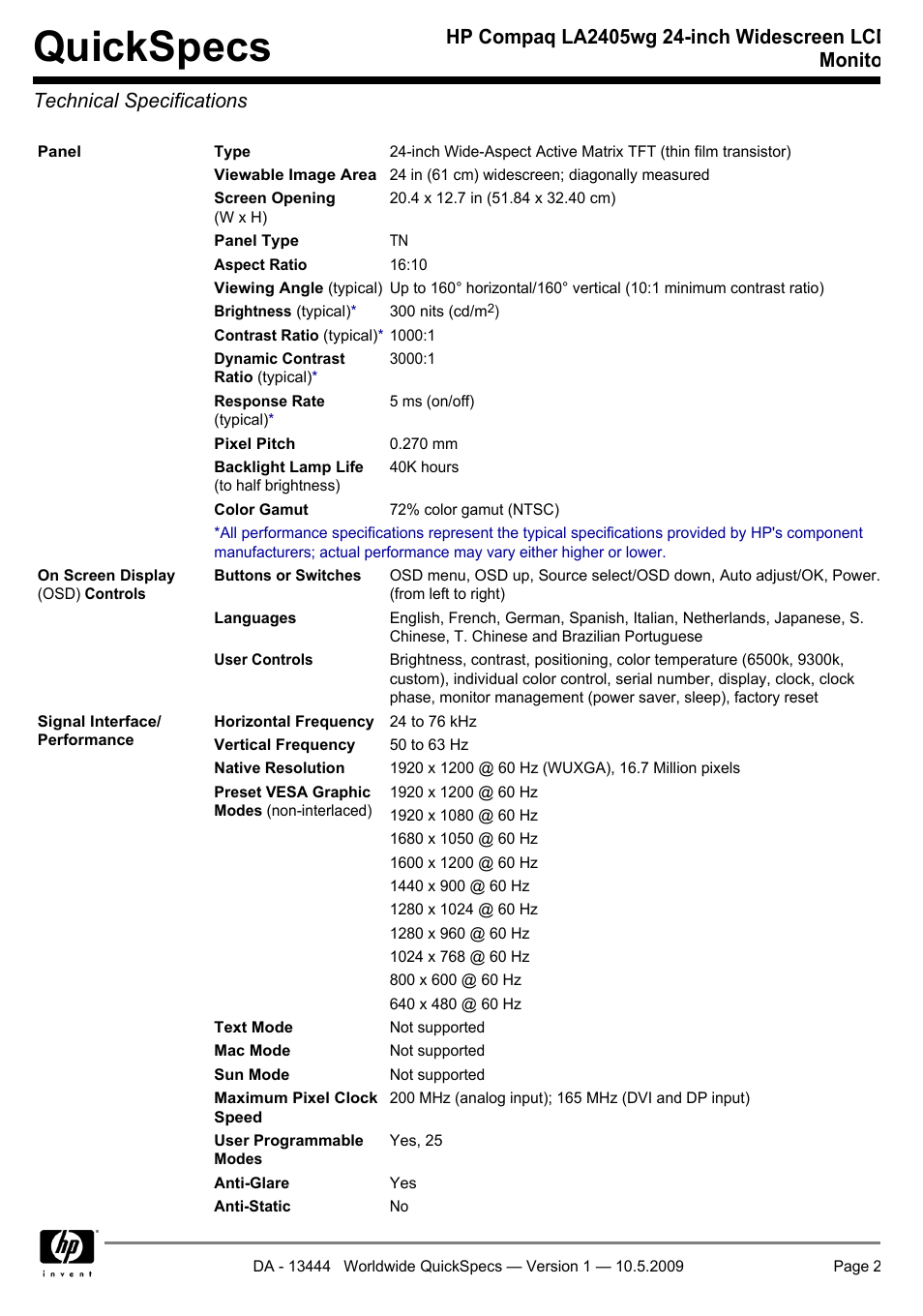Technical specifications, Quickspecs | HP Compaq LA2405wg User Manual | Page 2 / 5