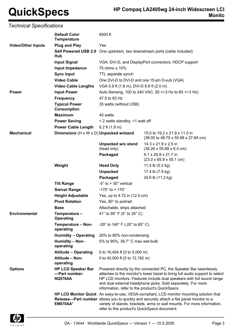 Quickspecs | HP Compaq LA2405wg User Manual | Page 3 / 5