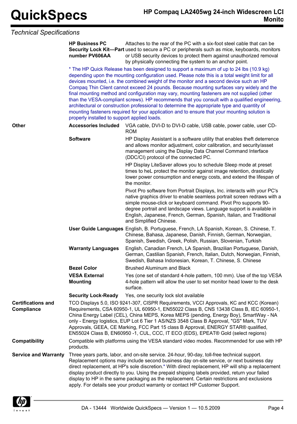 Quickspecs | HP Compaq LA2405wg User Manual | Page 4 / 5