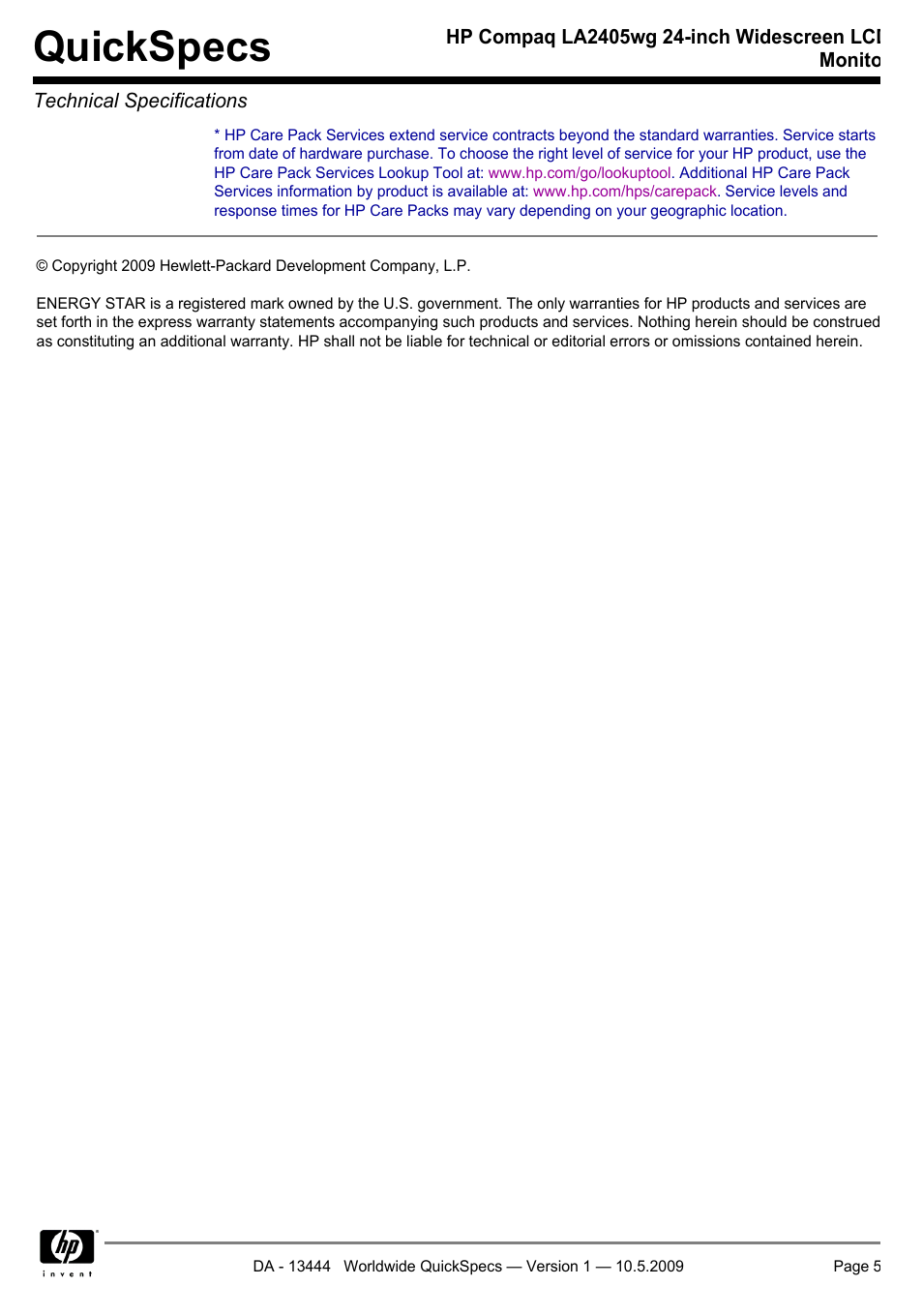 Quickspecs | HP Compaq LA2405wg User Manual | Page 5 / 5