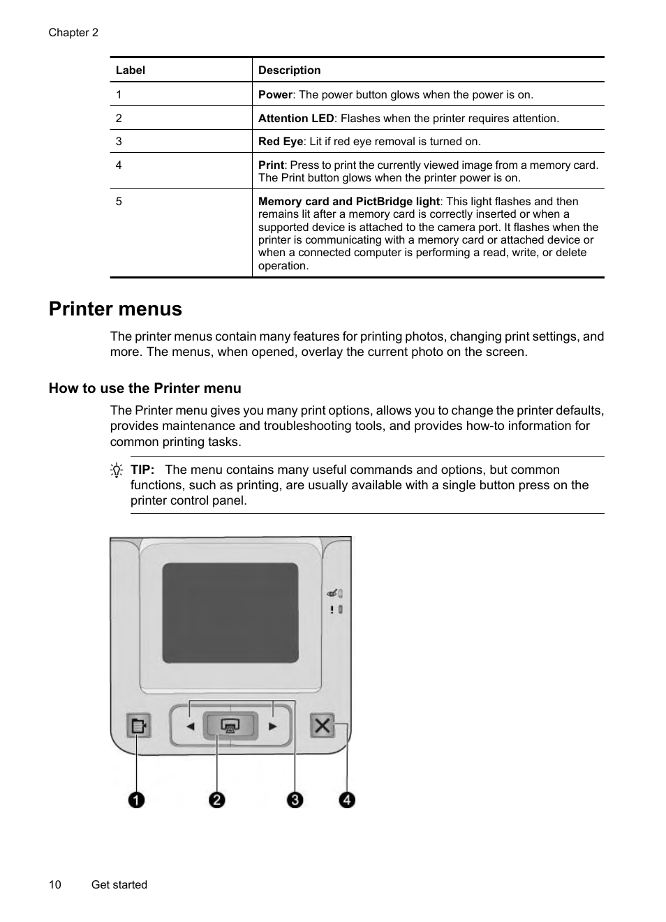 Printer menus, How to use the printer menu, How to use the printer menu printer menu options | HP Photosmart A530 Series User Manual | Page 12 / 68