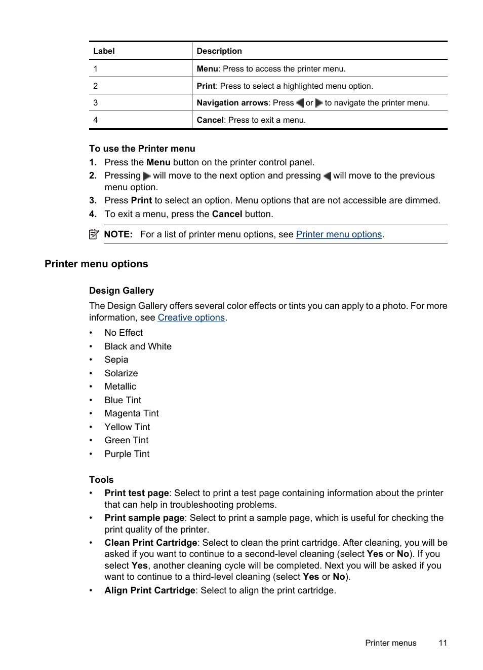 Printer menu options | HP Photosmart A530 Series User Manual | Page 13 / 68