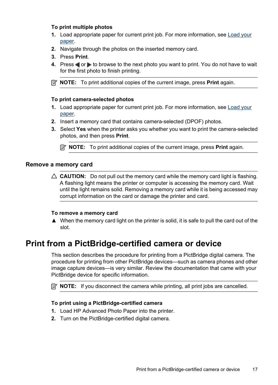 Remove a memory card, Print from a pictbridge-certified camera or device | HP Photosmart A530 Series User Manual | Page 19 / 68