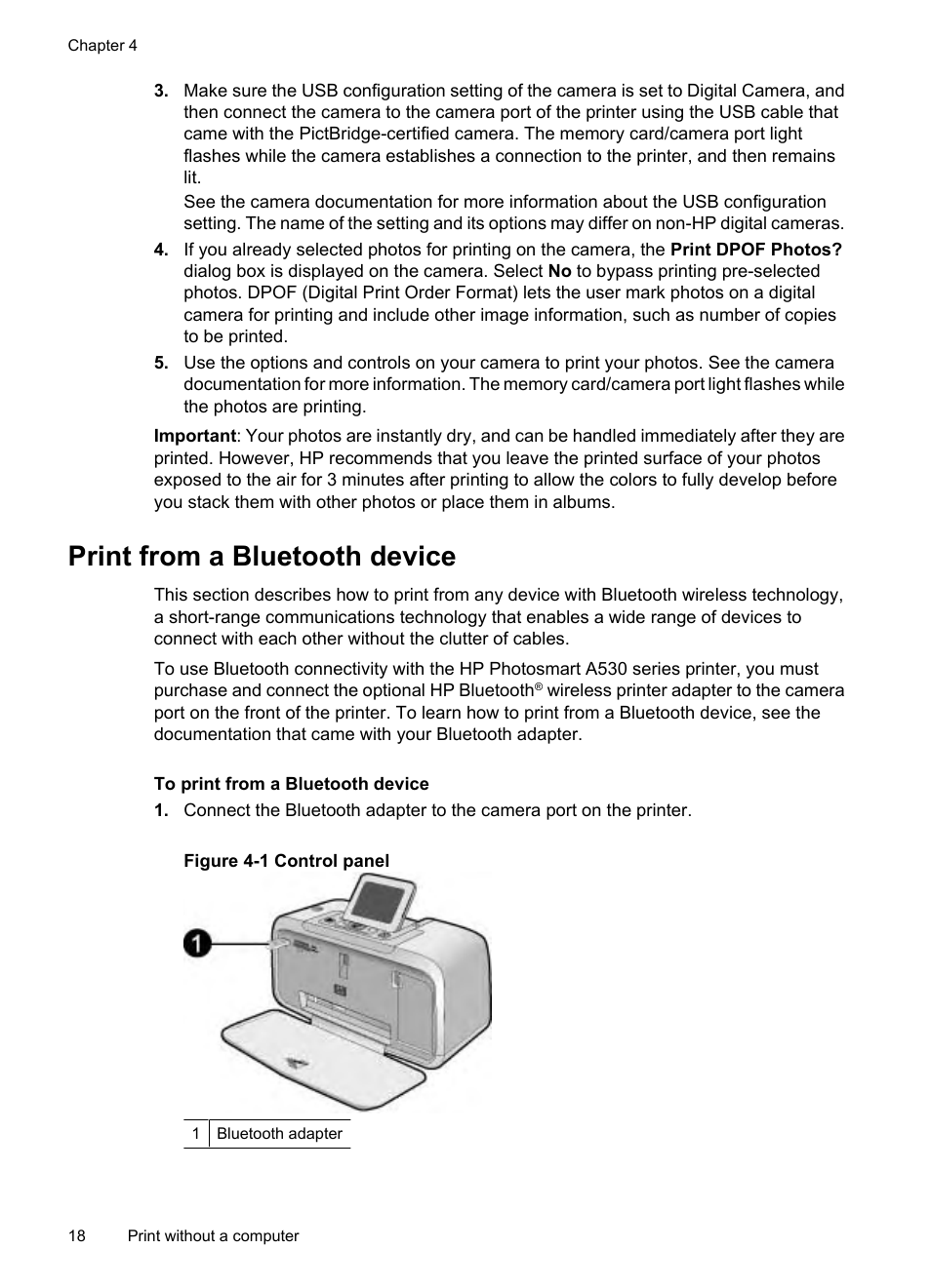 Print from a bluetooth device | HP Photosmart A530 Series User Manual | Page 20 / 68